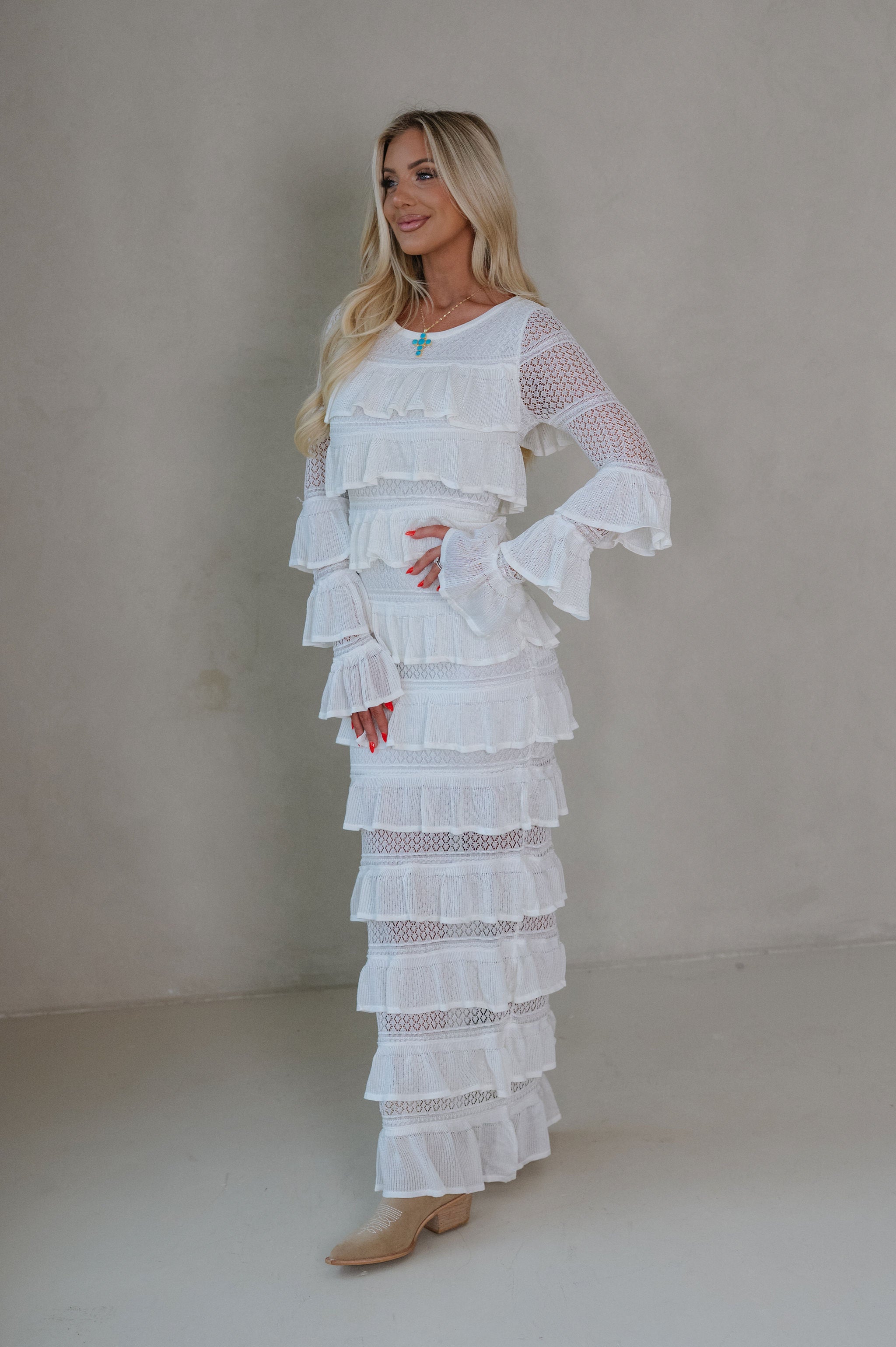 Ally Long Sleeve Tiered Ruffle Maxi Dress-Cream