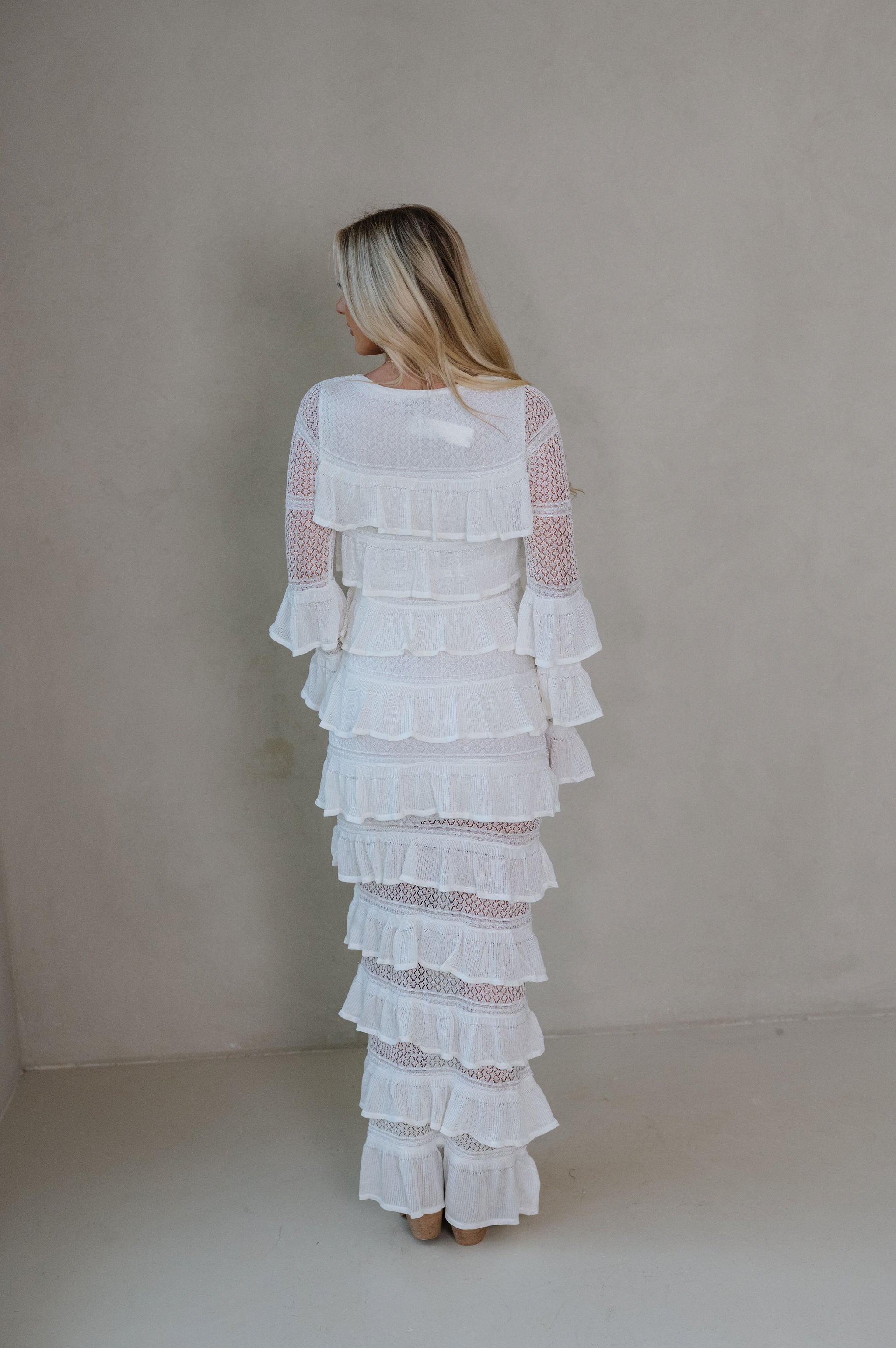 Ally Long Sleeve Tiered Ruffle Maxi Dress-Cream
