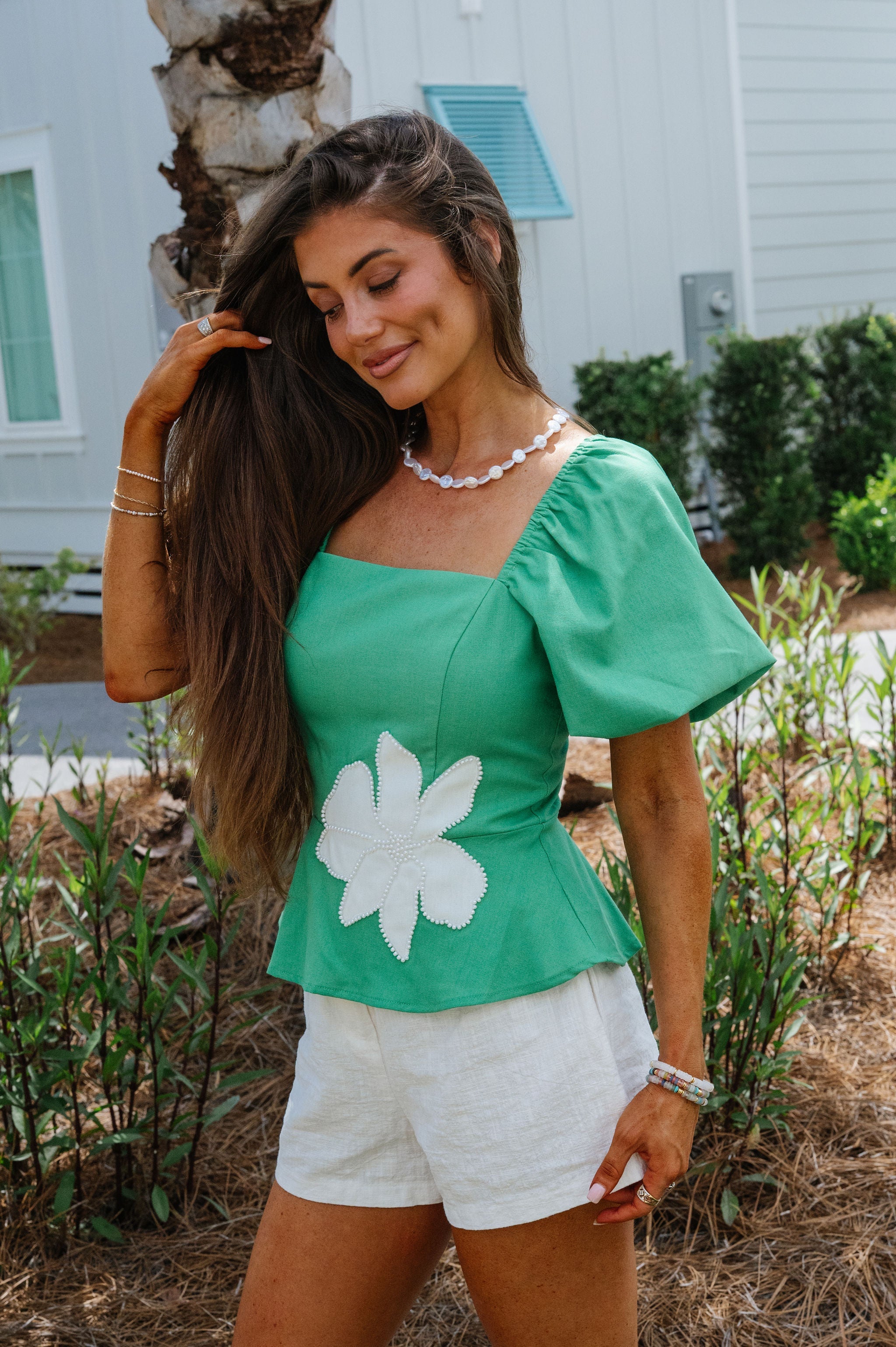 Applique Pearl Embroidered Top-Emerald