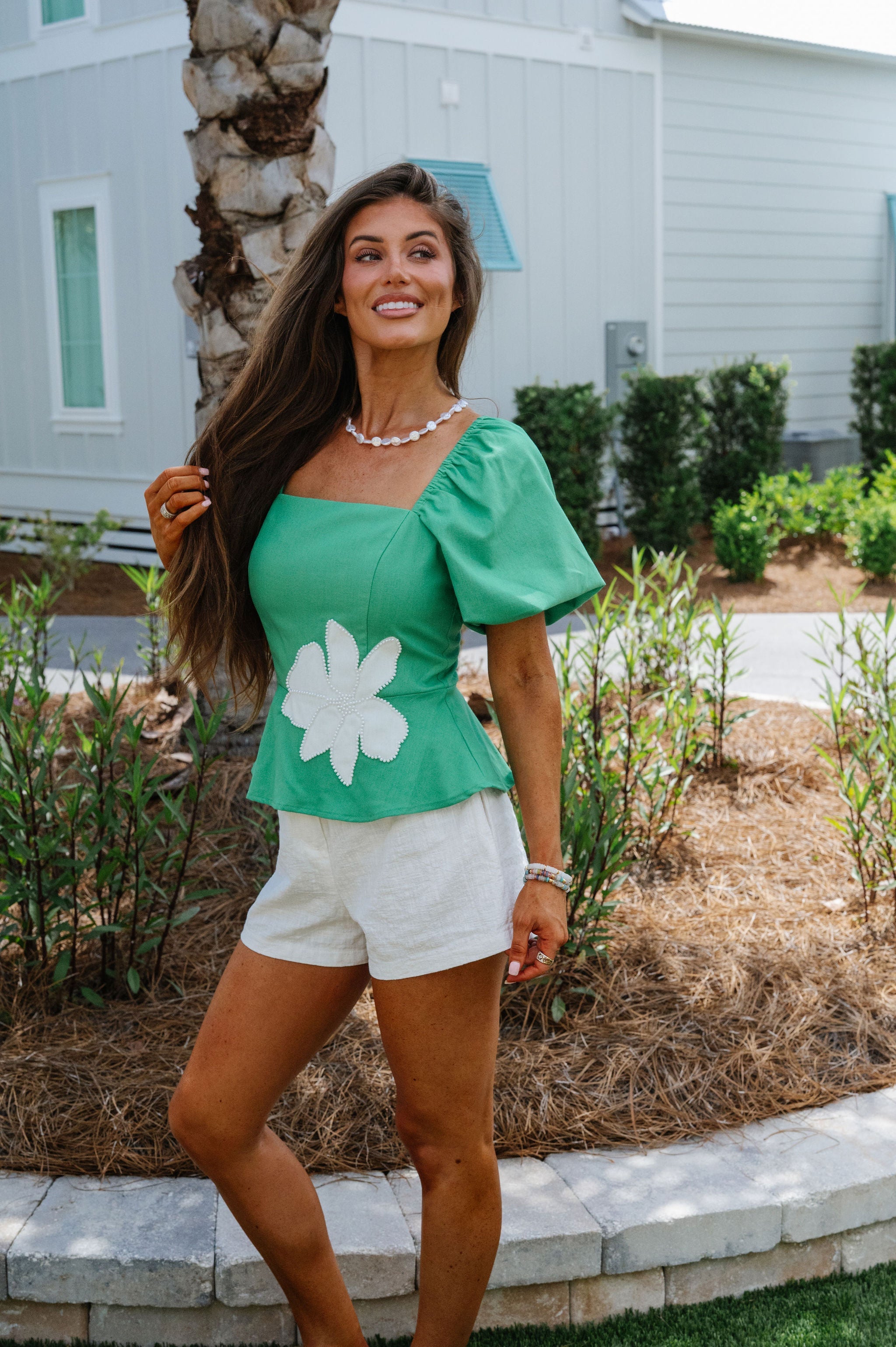 Applique Pearl Embroidered Top-Emerald