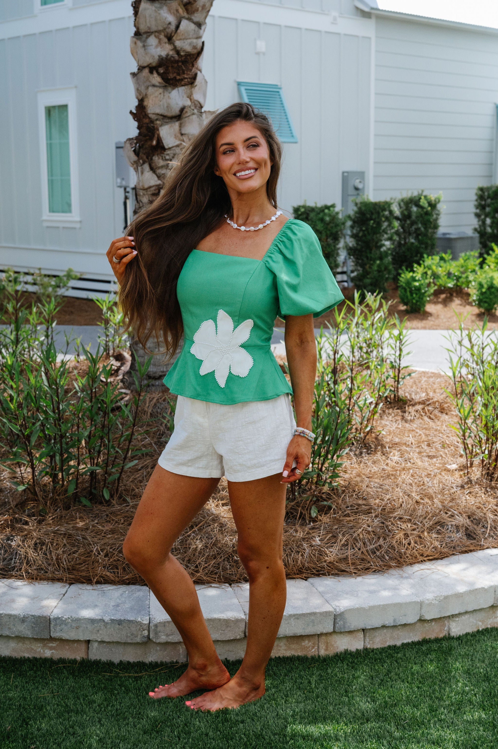 Applique Pearl Embroidered Top-Emerald