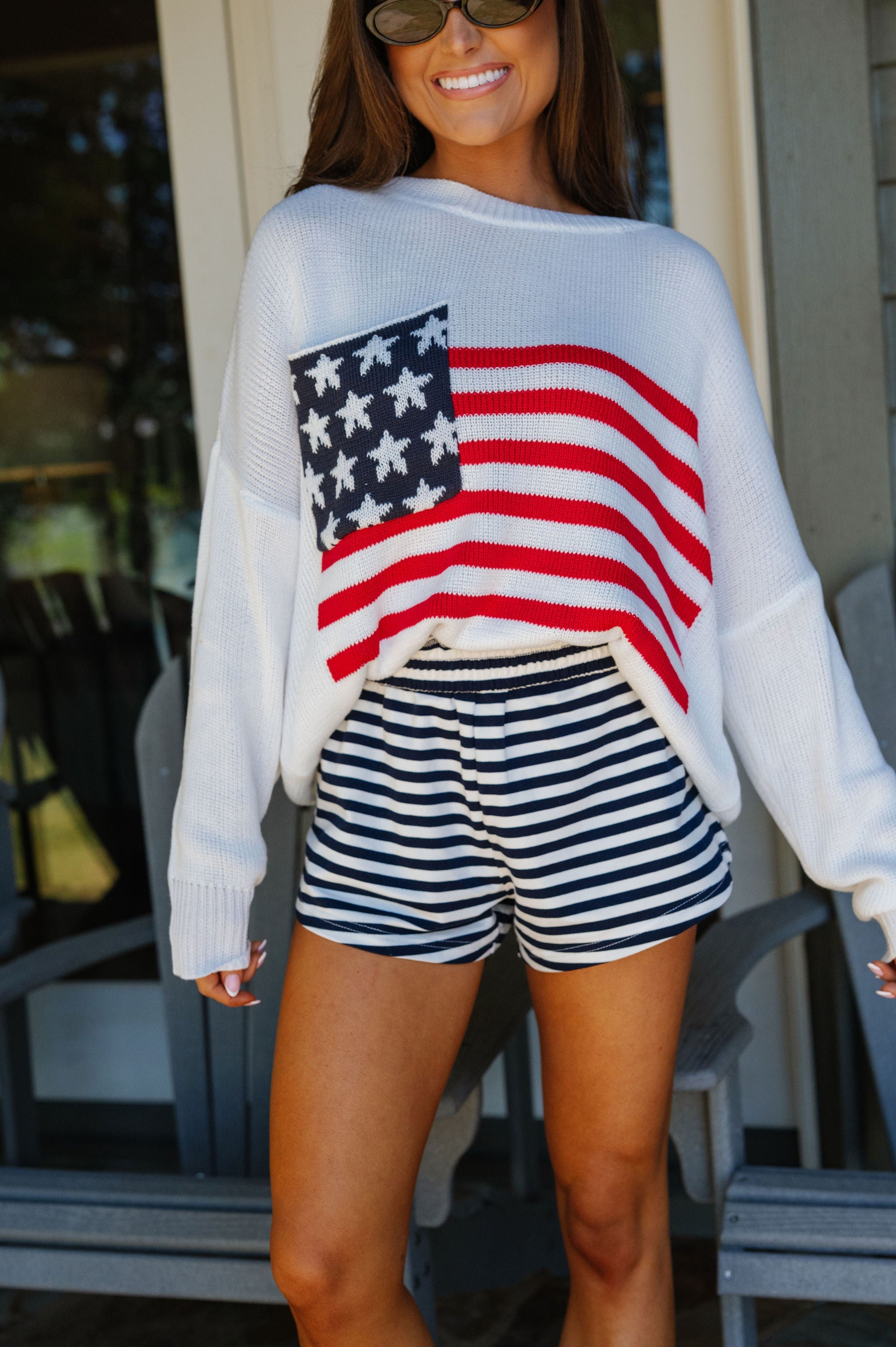 American Flag Pocket Detail Sweater-White