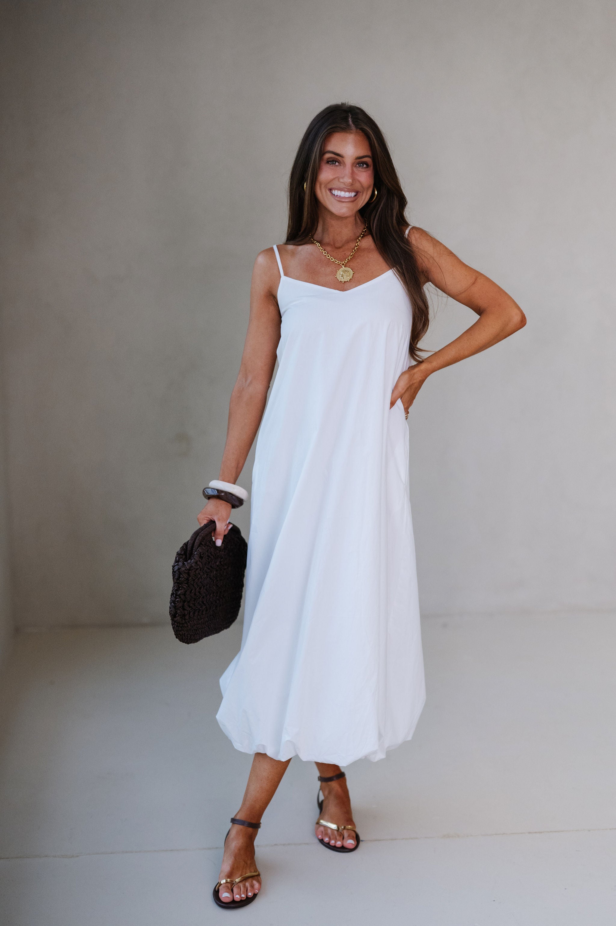 Abby Bubble Hem Midi Dress-Off White