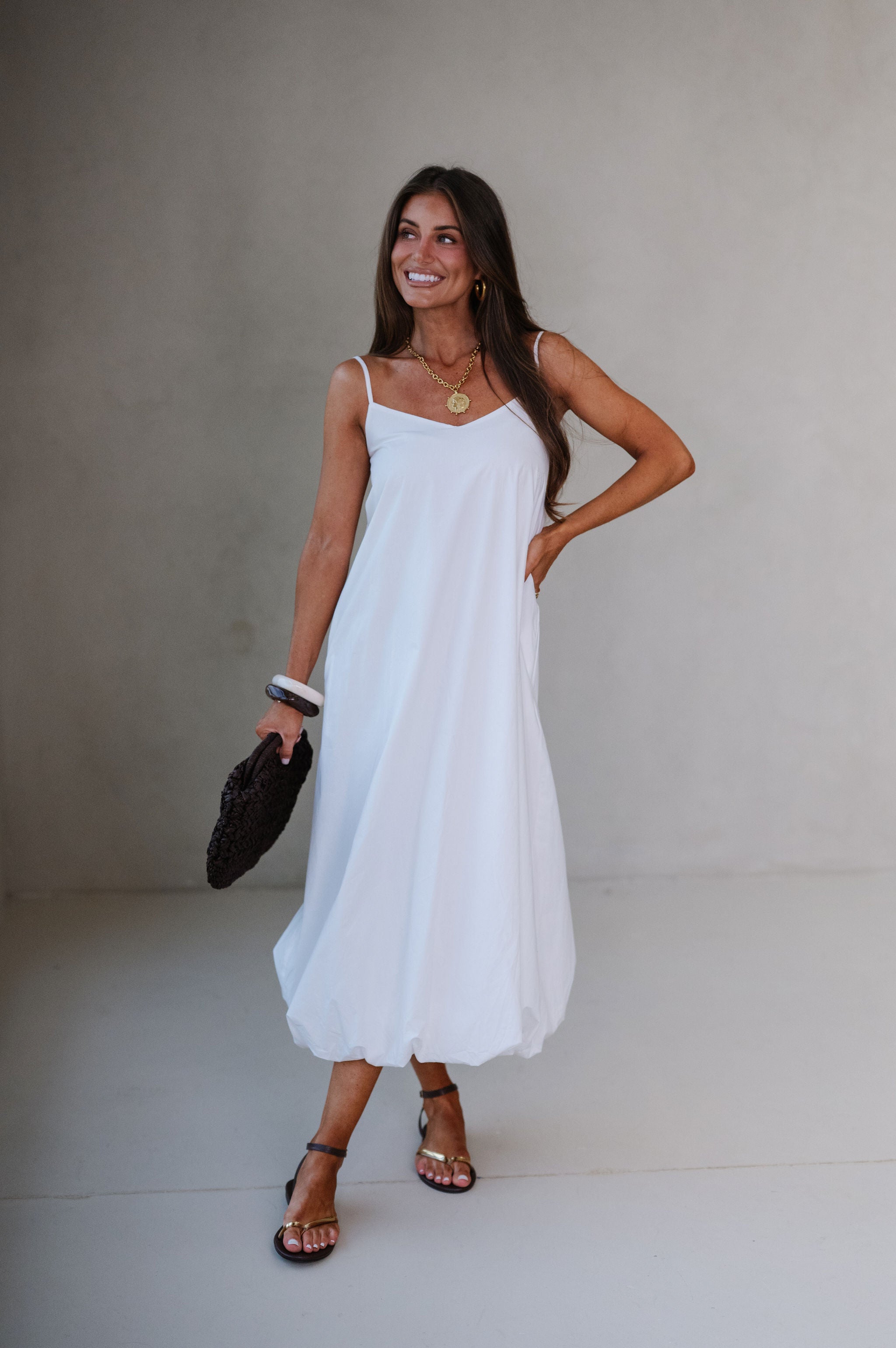 Abby Bubble Hem Midi Dress-Off White