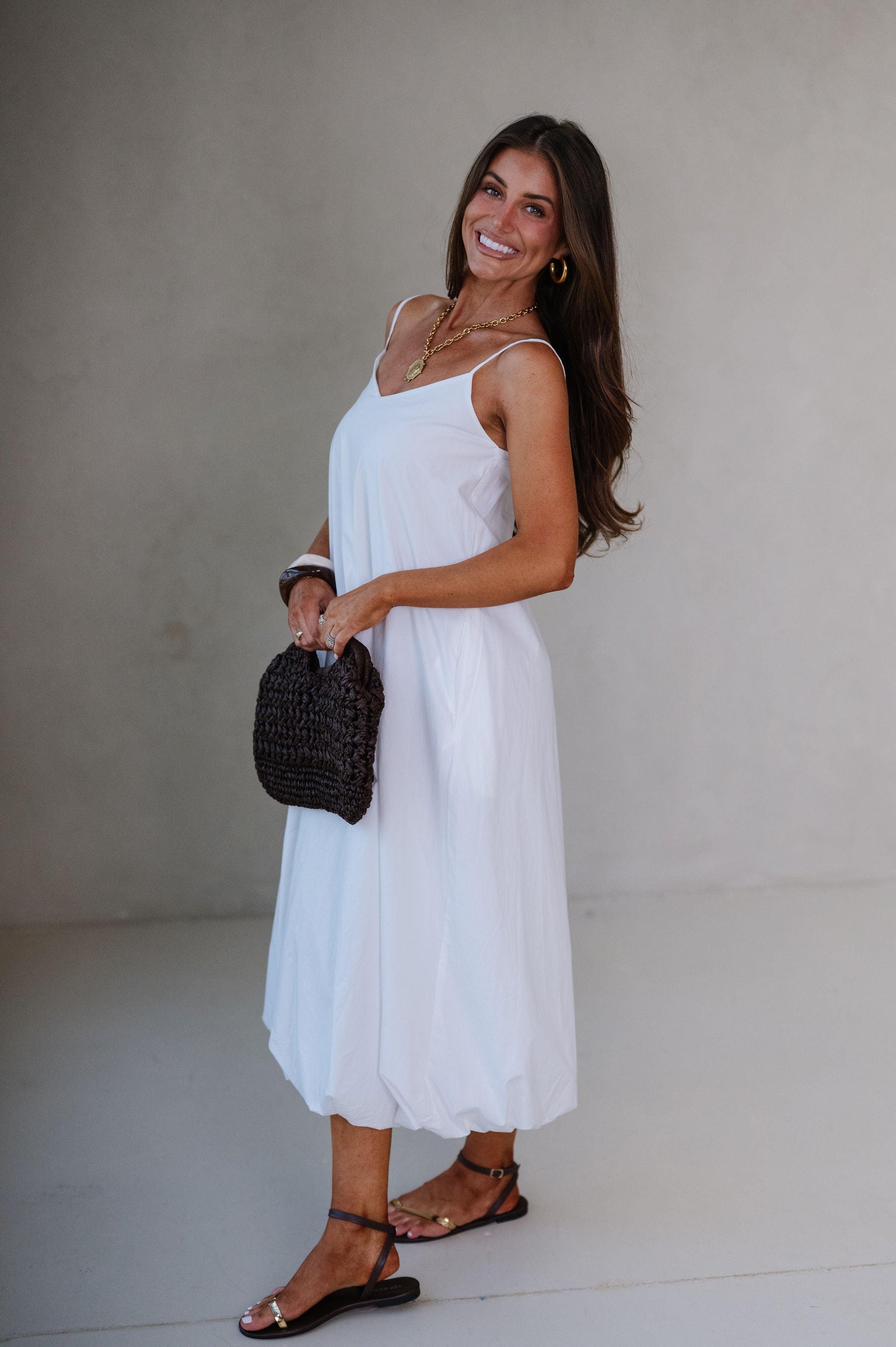 Abby Bubble Hem Midi Dress-Off White