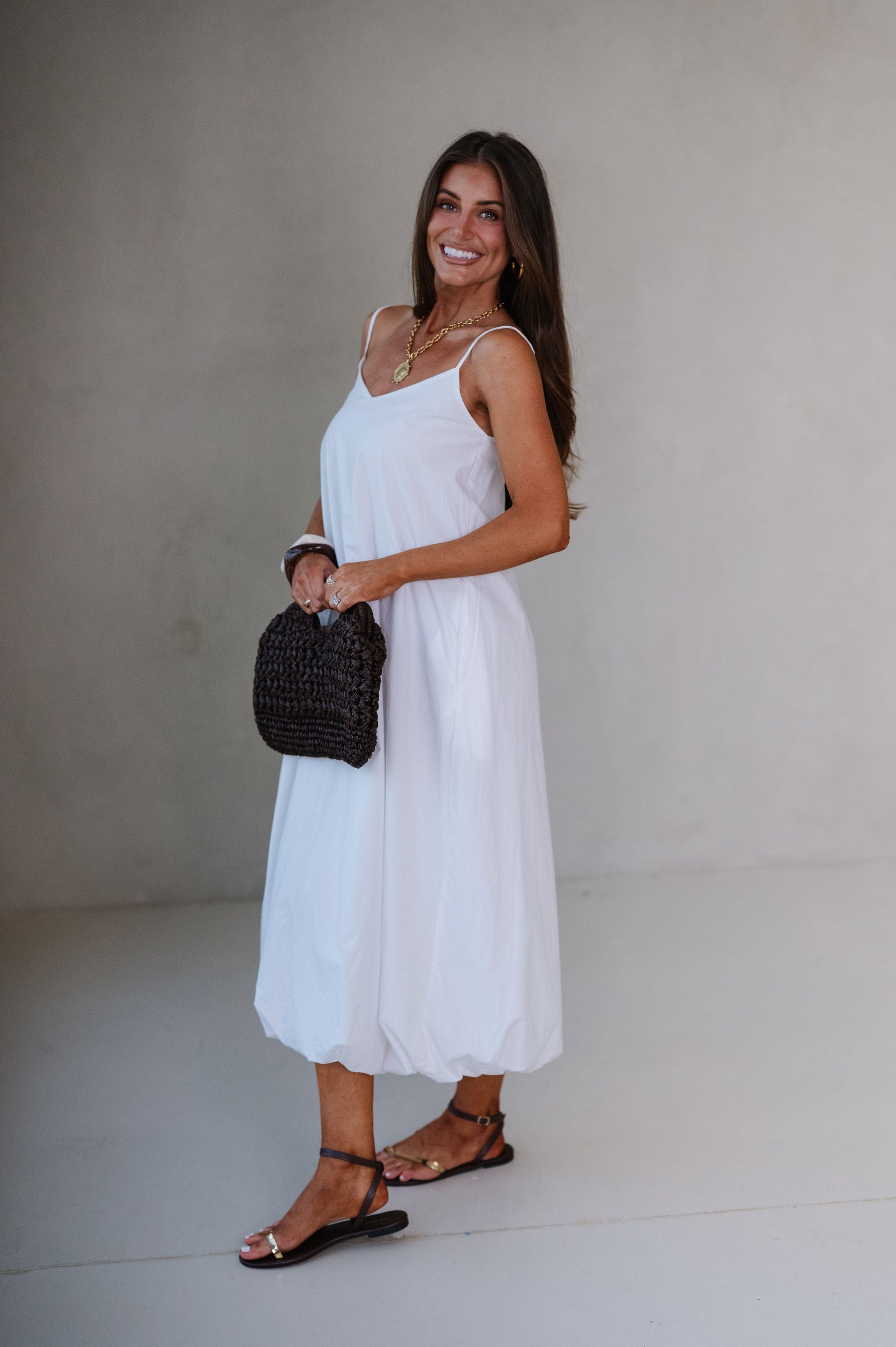 Abby Bubble Hem Midi Dress-Off White