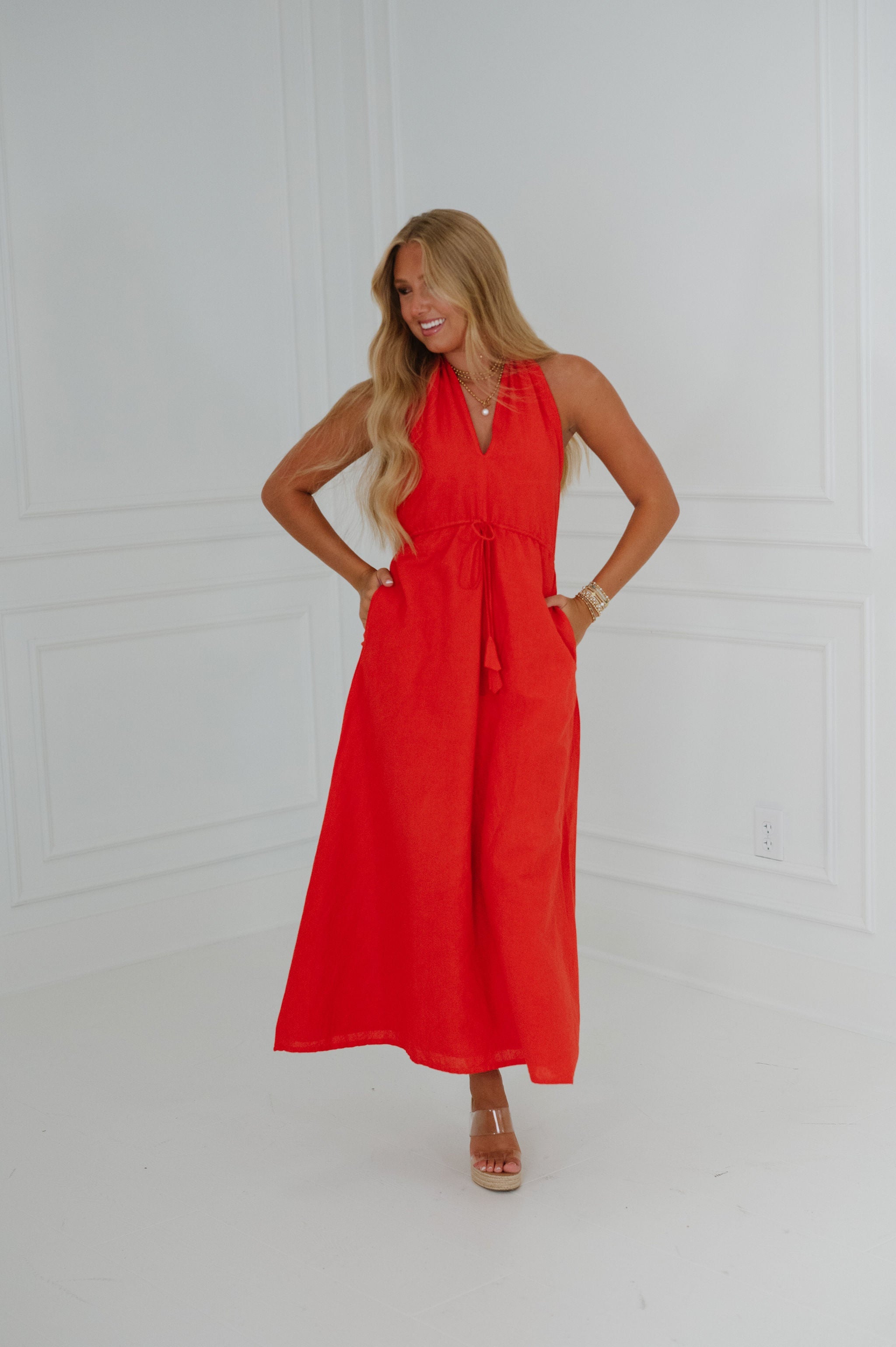 Ainsley Halter Dress-Tomato Red