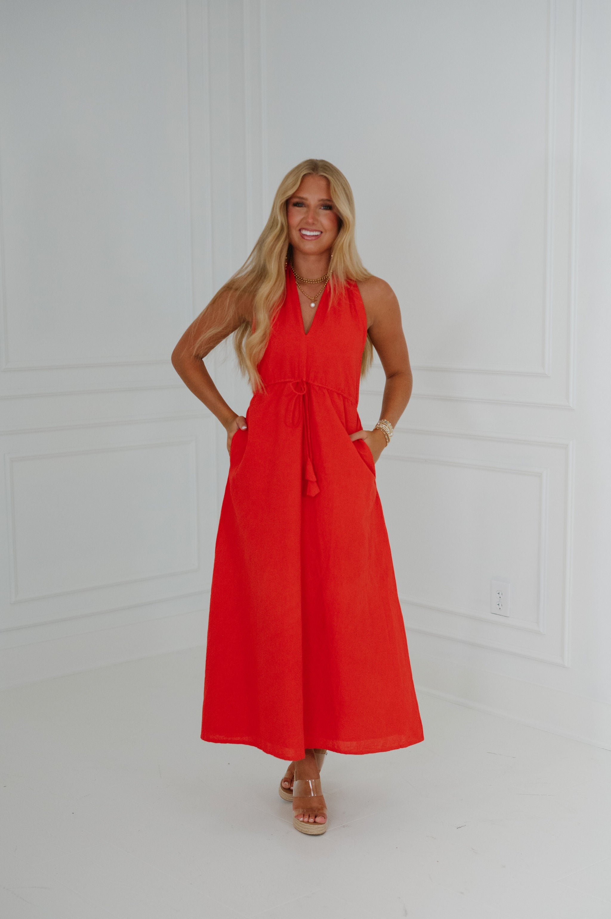 Ainsley Halter Dress-Tomato Red