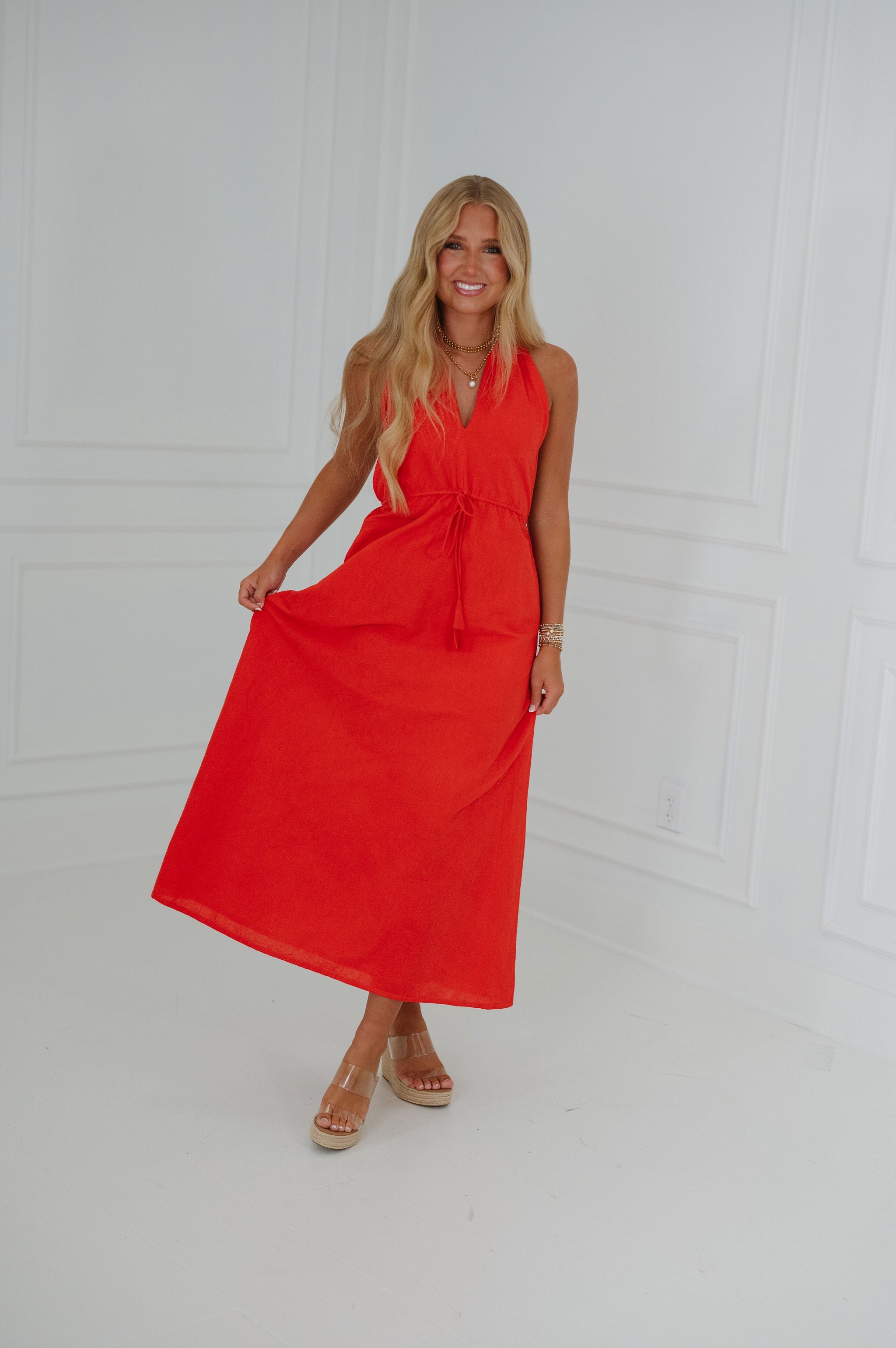 Ainsley Halter Dress-Tomato Red