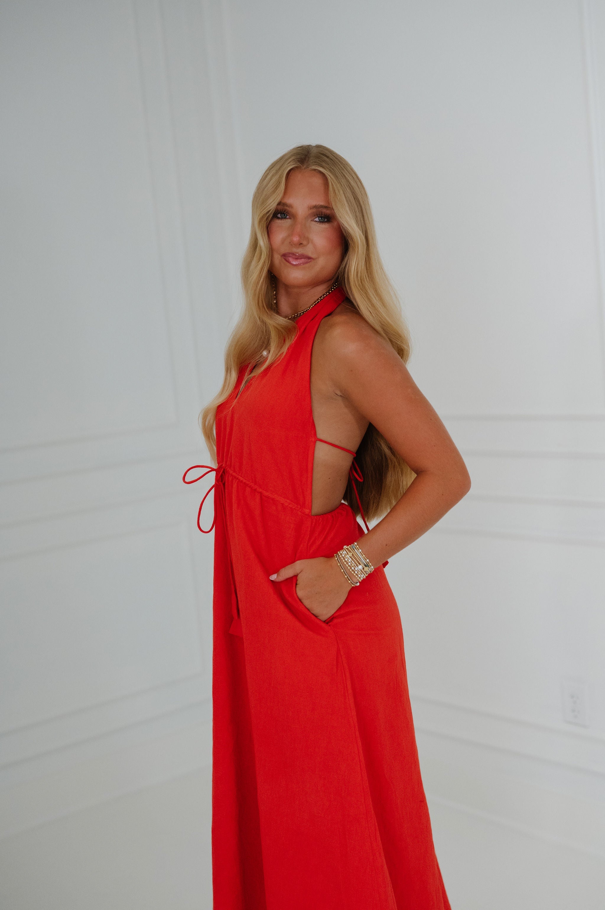 Ainsley Halter Dress-Tomato Red