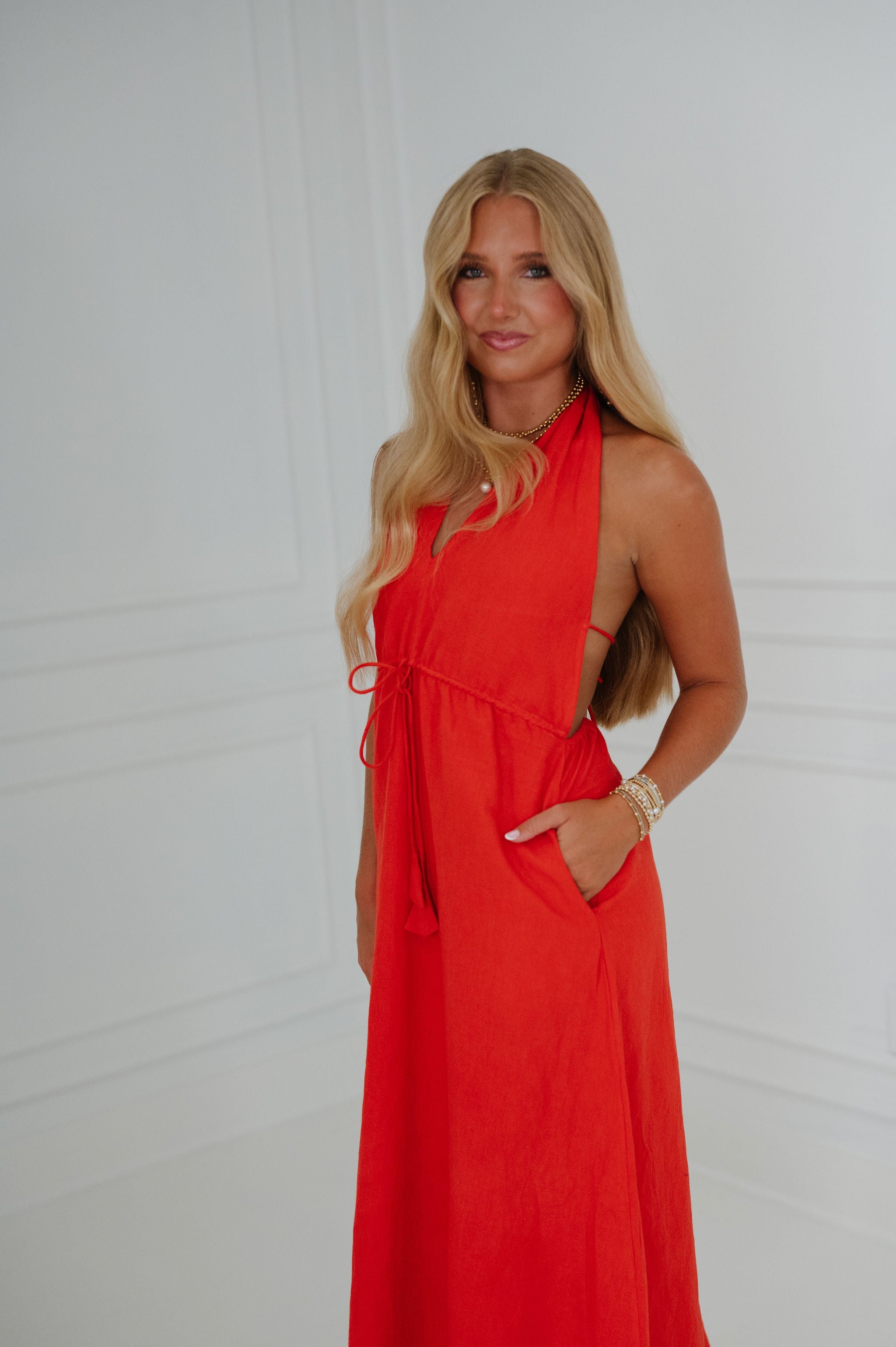 Ainsley Halter Dress-Tomato Red
