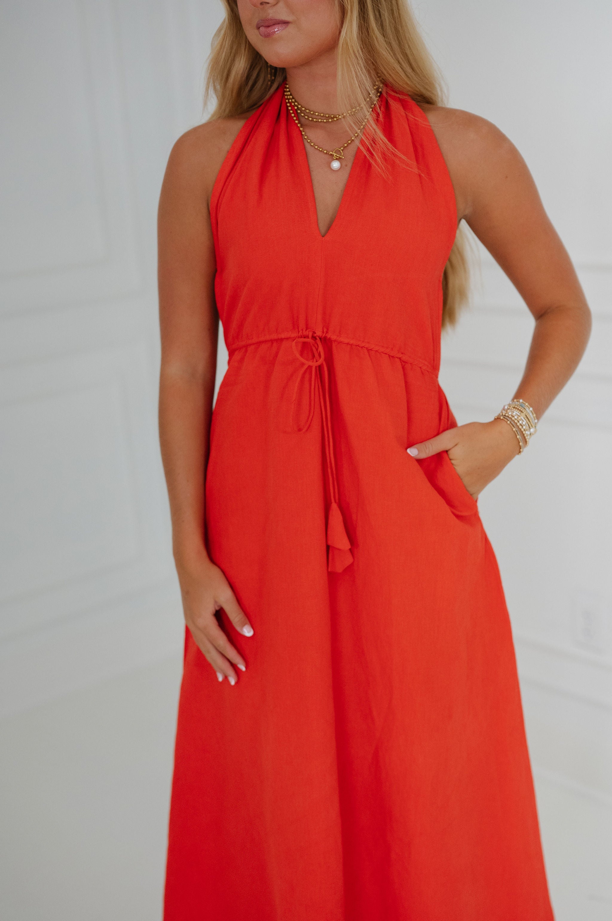 Ainsley Halter Dress-Tomato Red