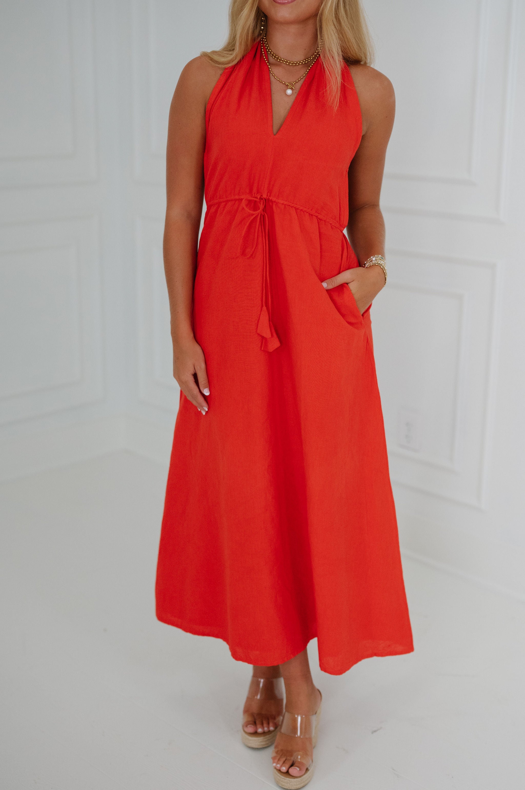 Ainsley Halter Dress-Tomato Red