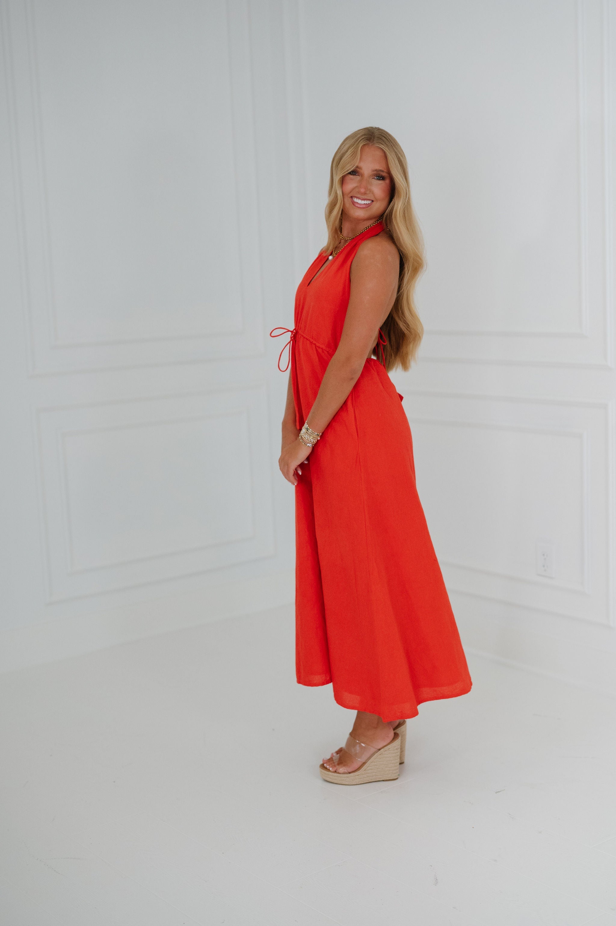 Ainsley Halter Dress-Tomato Red