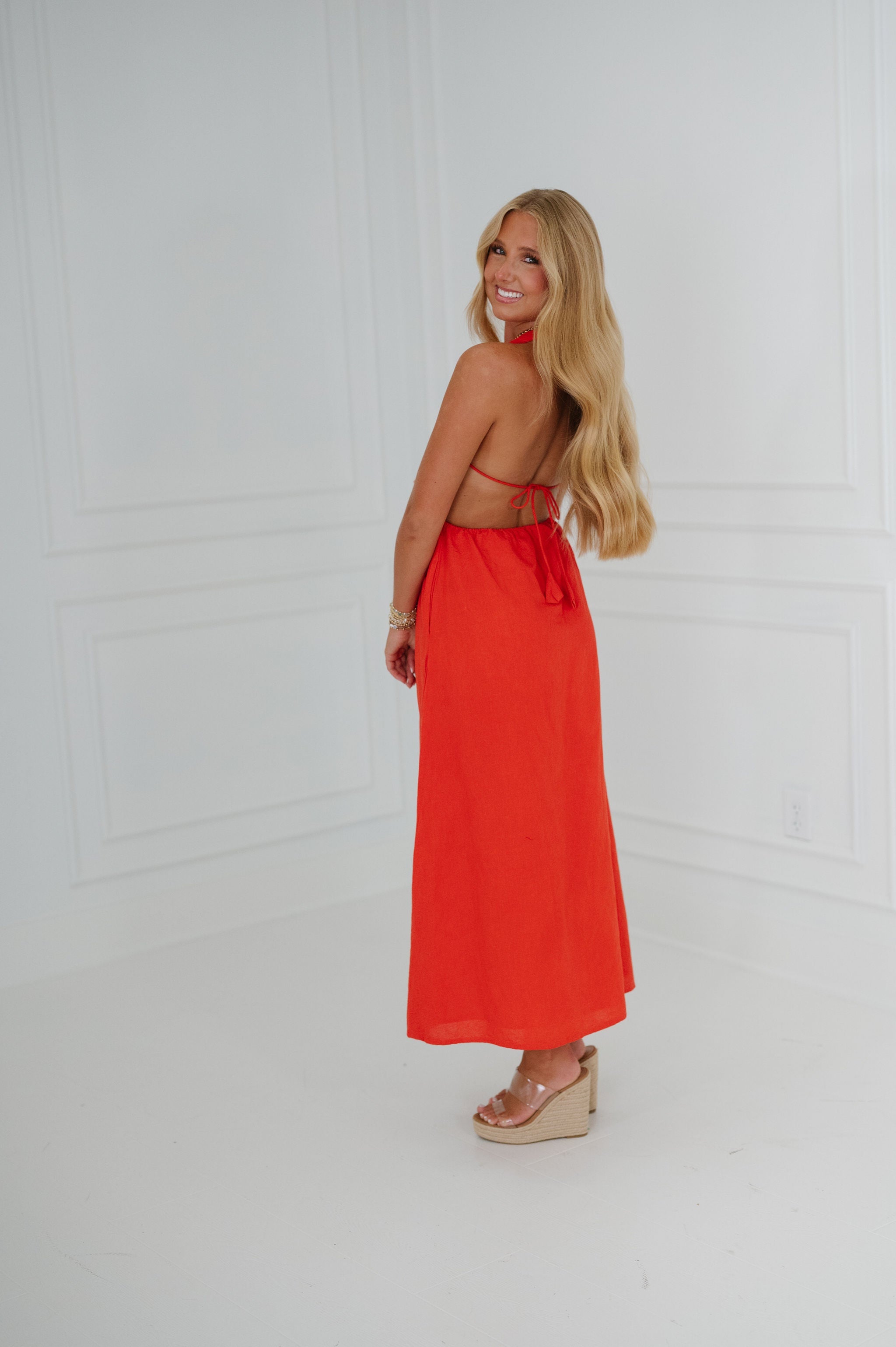 Ainsley Halter Dress-Tomato Red