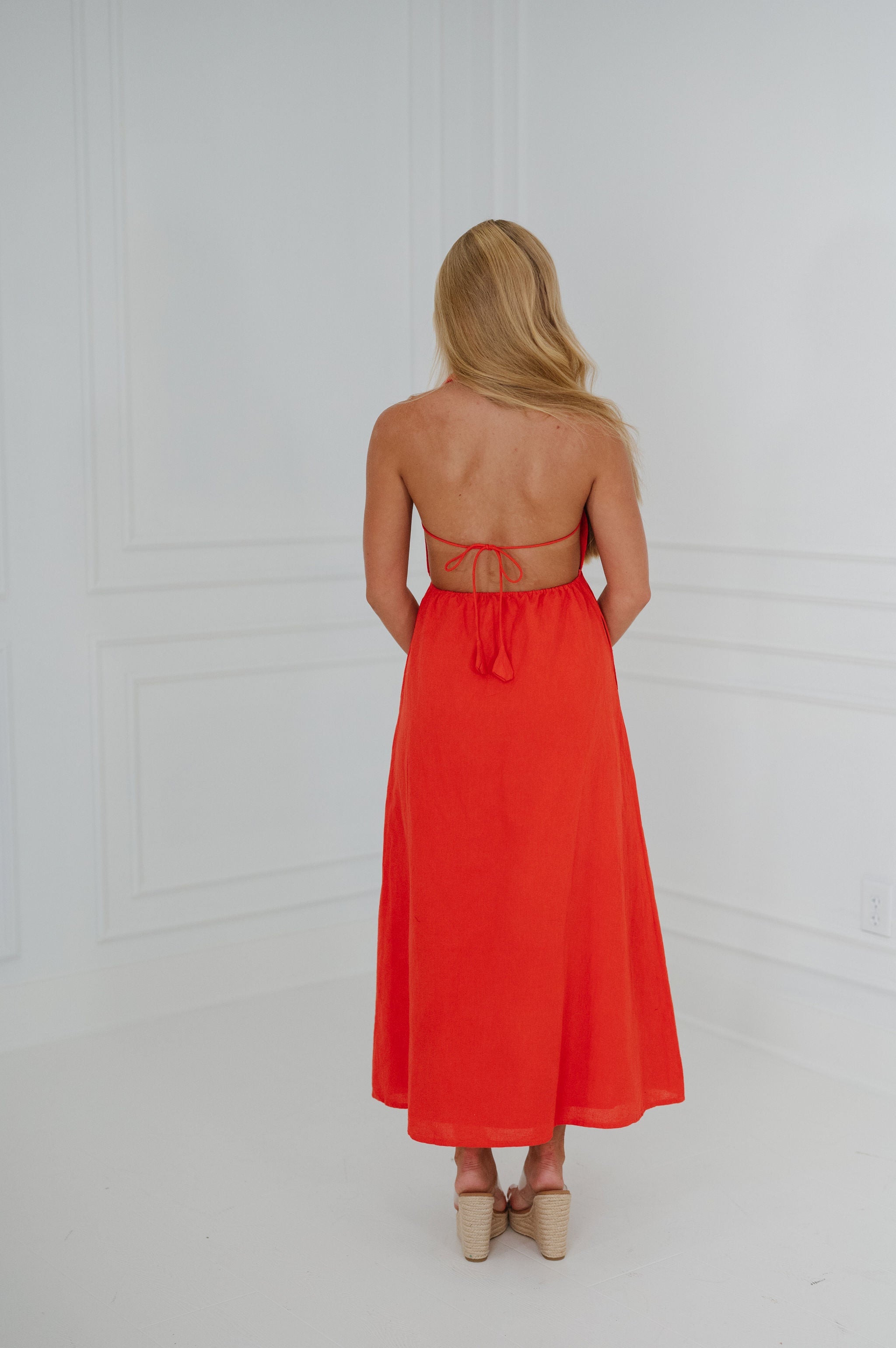 Ainsley Halter Dress-Tomato Red