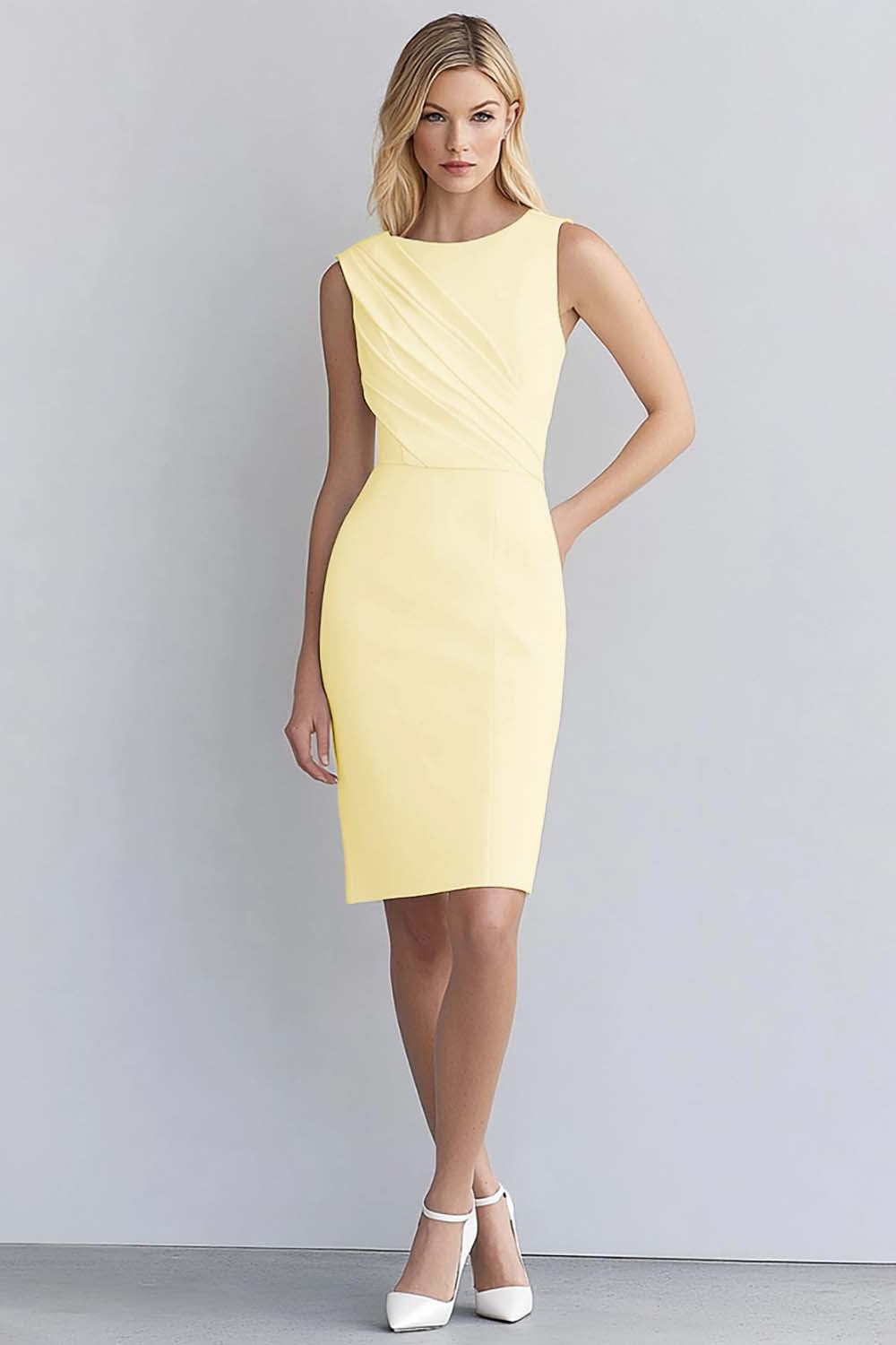 Dusty Blue Bodycon Ruched Scoop Neck Sleeveless Short Work Dress