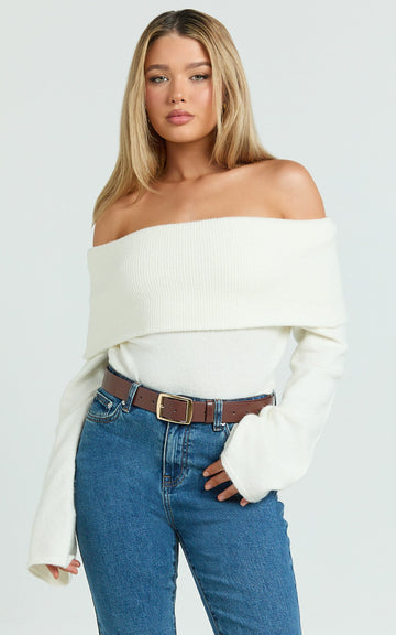 Darcie Top - Off Shoulder Long Sleeve Knit Top in Cream