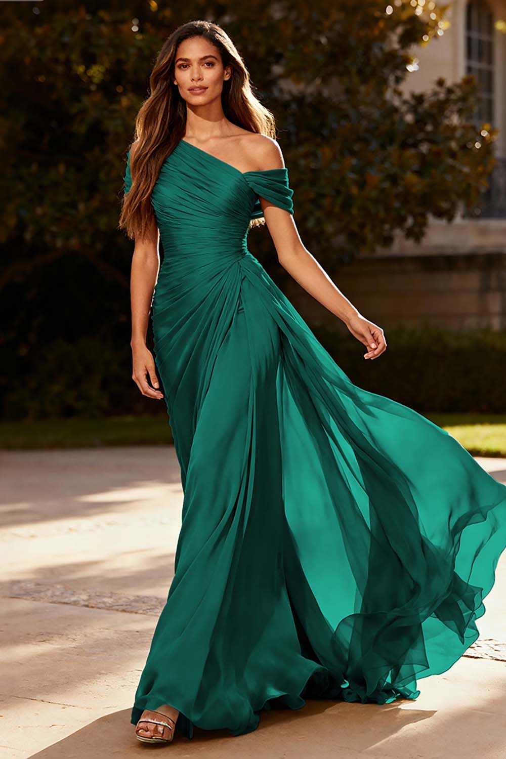 Plus Size Dusty Sage Chiffon A Line Ruched Long Formal Dress with Side Cape