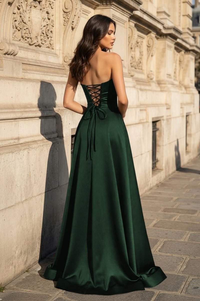 A Line Black Strapless Satin Prom Dresses With Slit