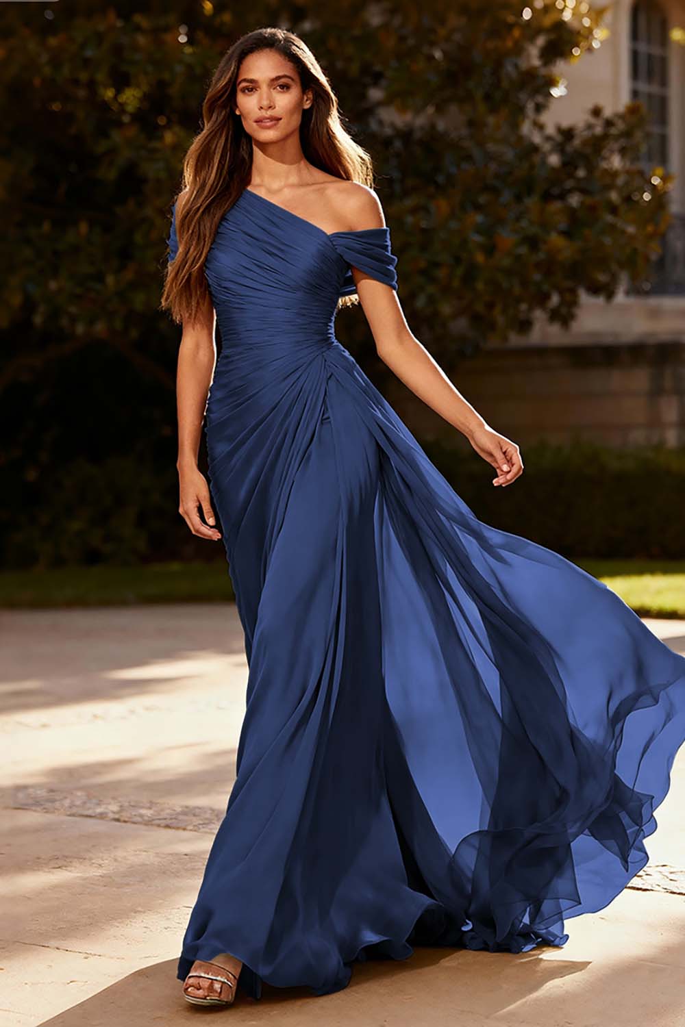 Plus Size Dusty Sage Chiffon A Line Ruched Long Formal Dress with Side Cape