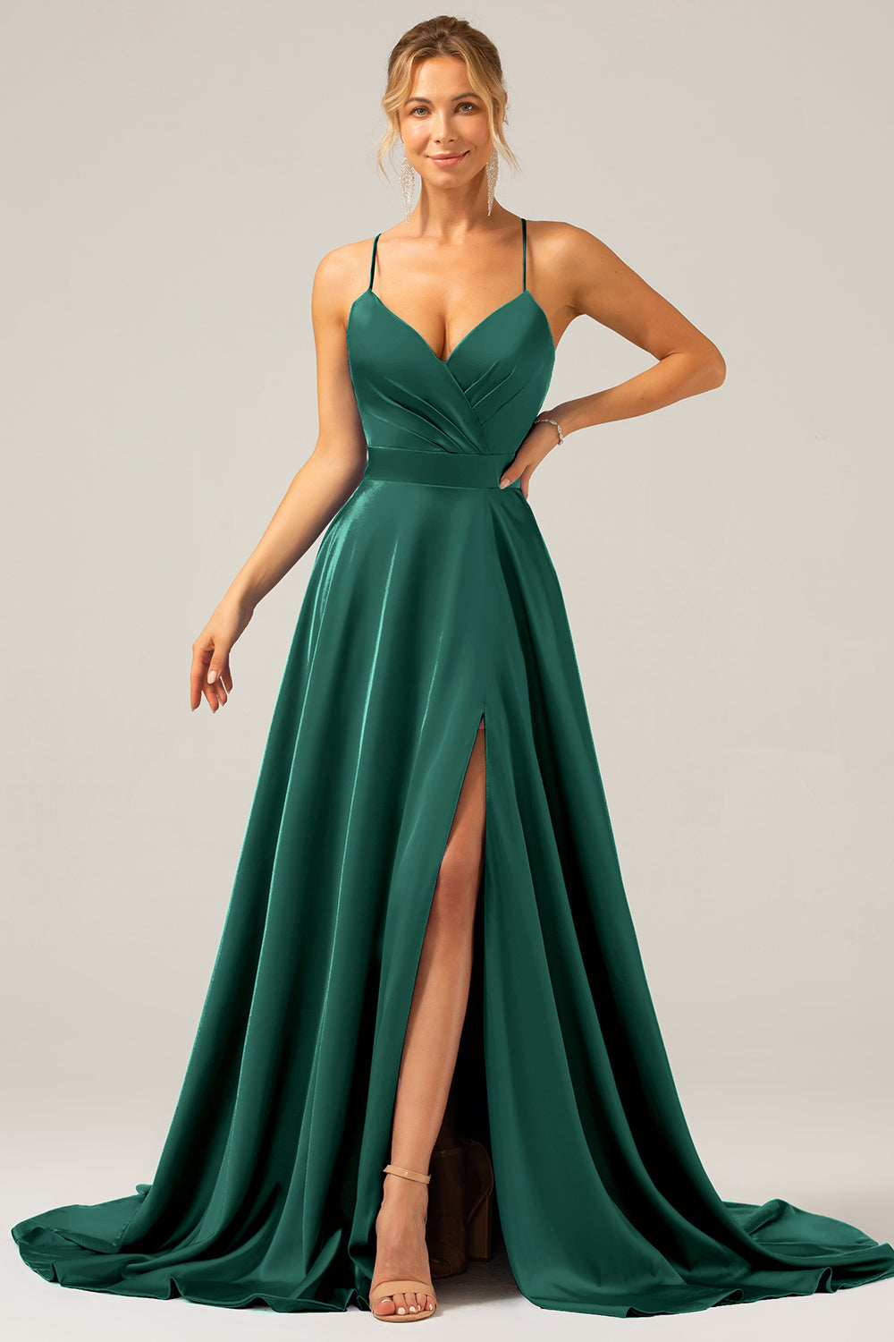 A Line Spaghetti Straps Royal Blue Satin Prom Dress with Slit