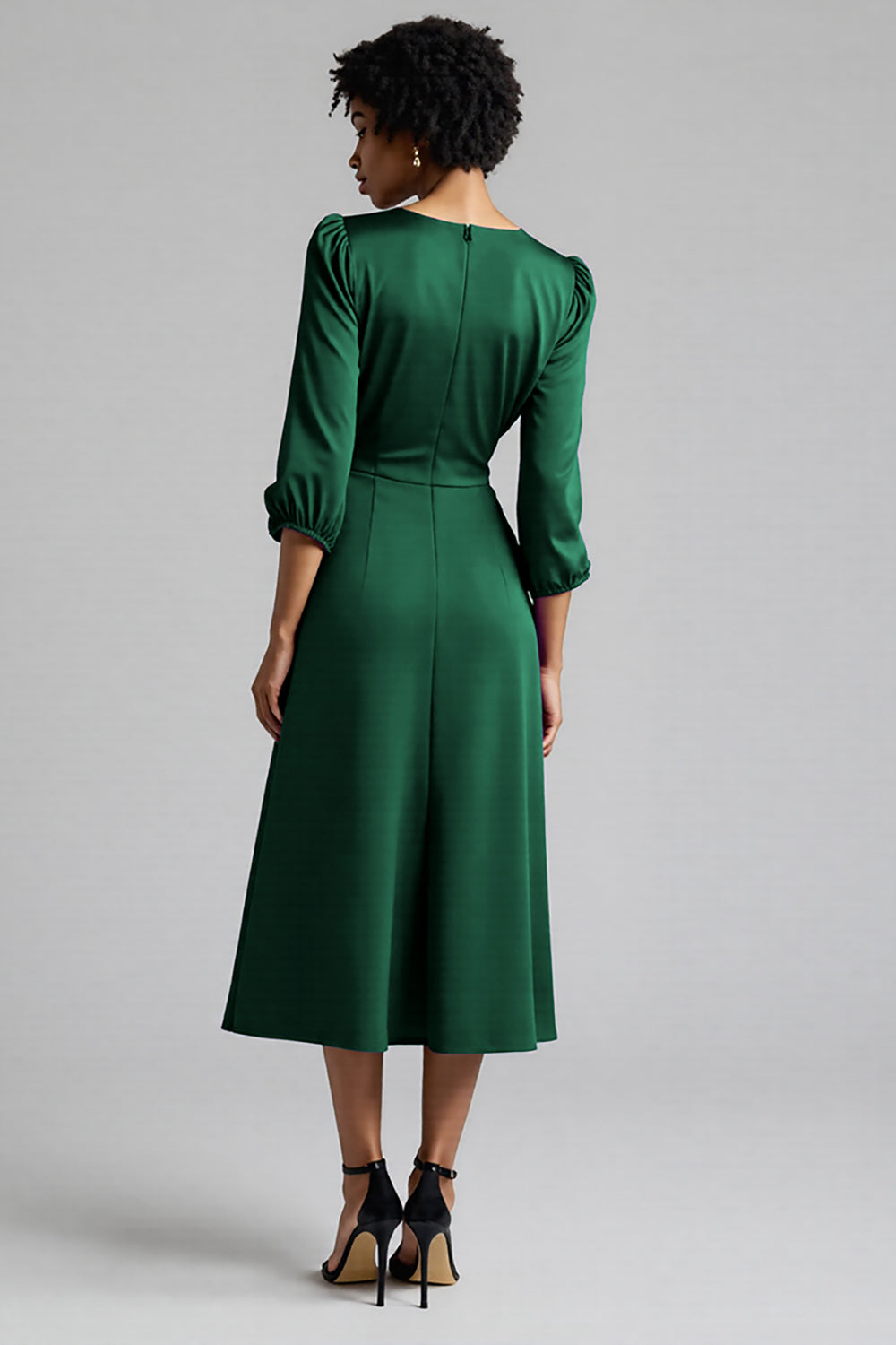 Plum Satin A Line Midi Ruched Work Dress with Half Sleeves