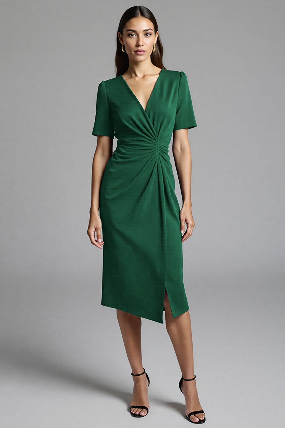 Royal Blue Bodycon V-Neck Midi Satin Work Dress with Short Sleeves