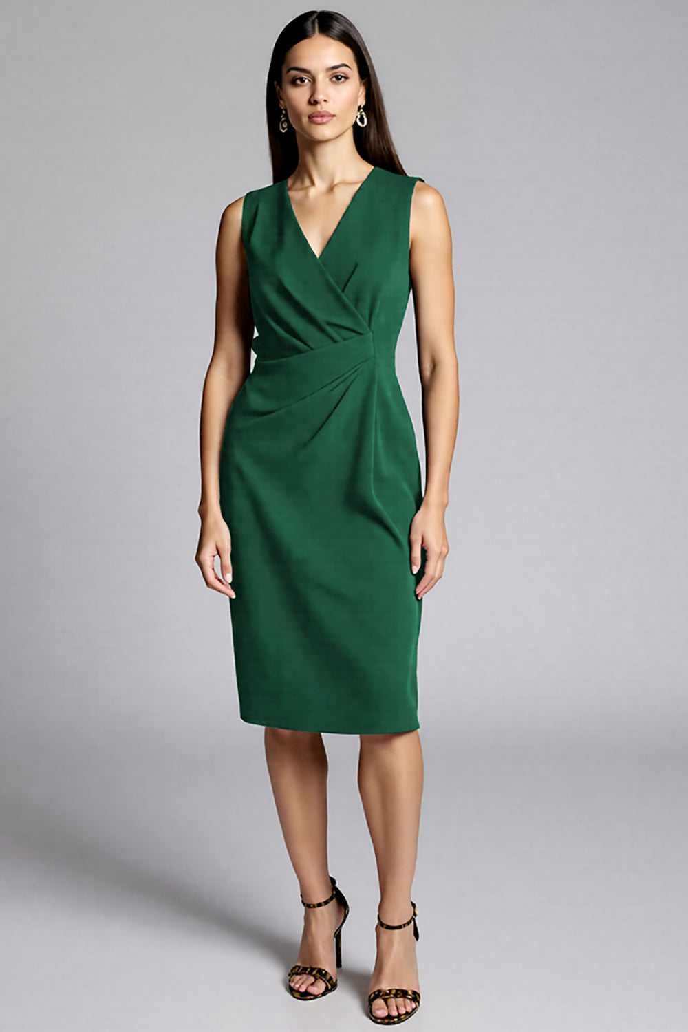 Royal Blue Satin Bodycon V-Neck Midi Work Dress
