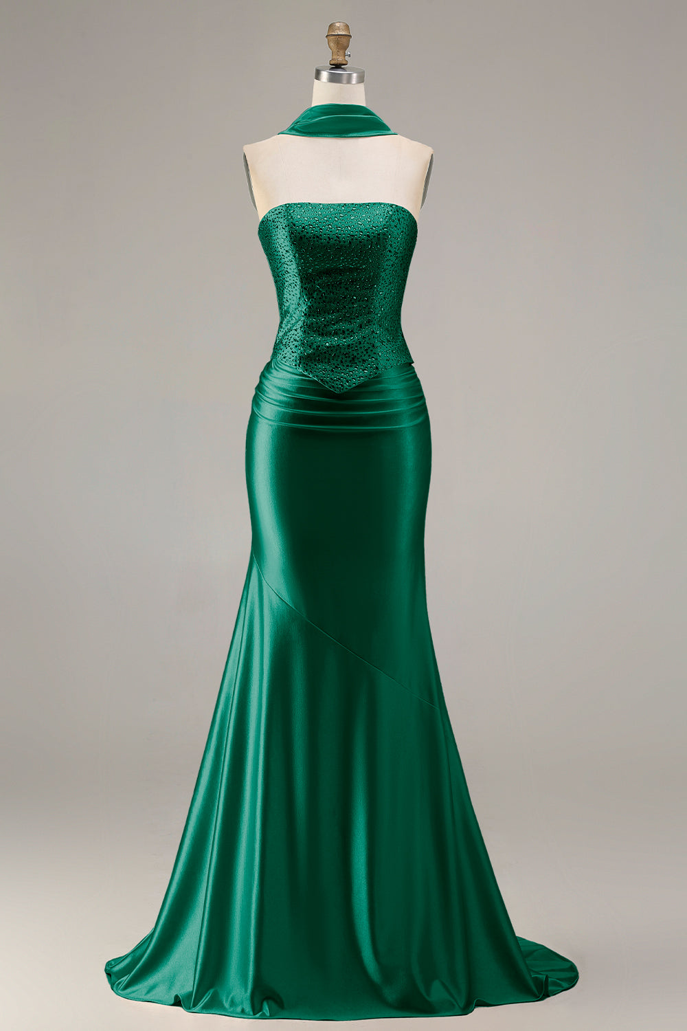 Sparkly Champagne Mermaid Neck Scarf Long Prom Dress with Beading