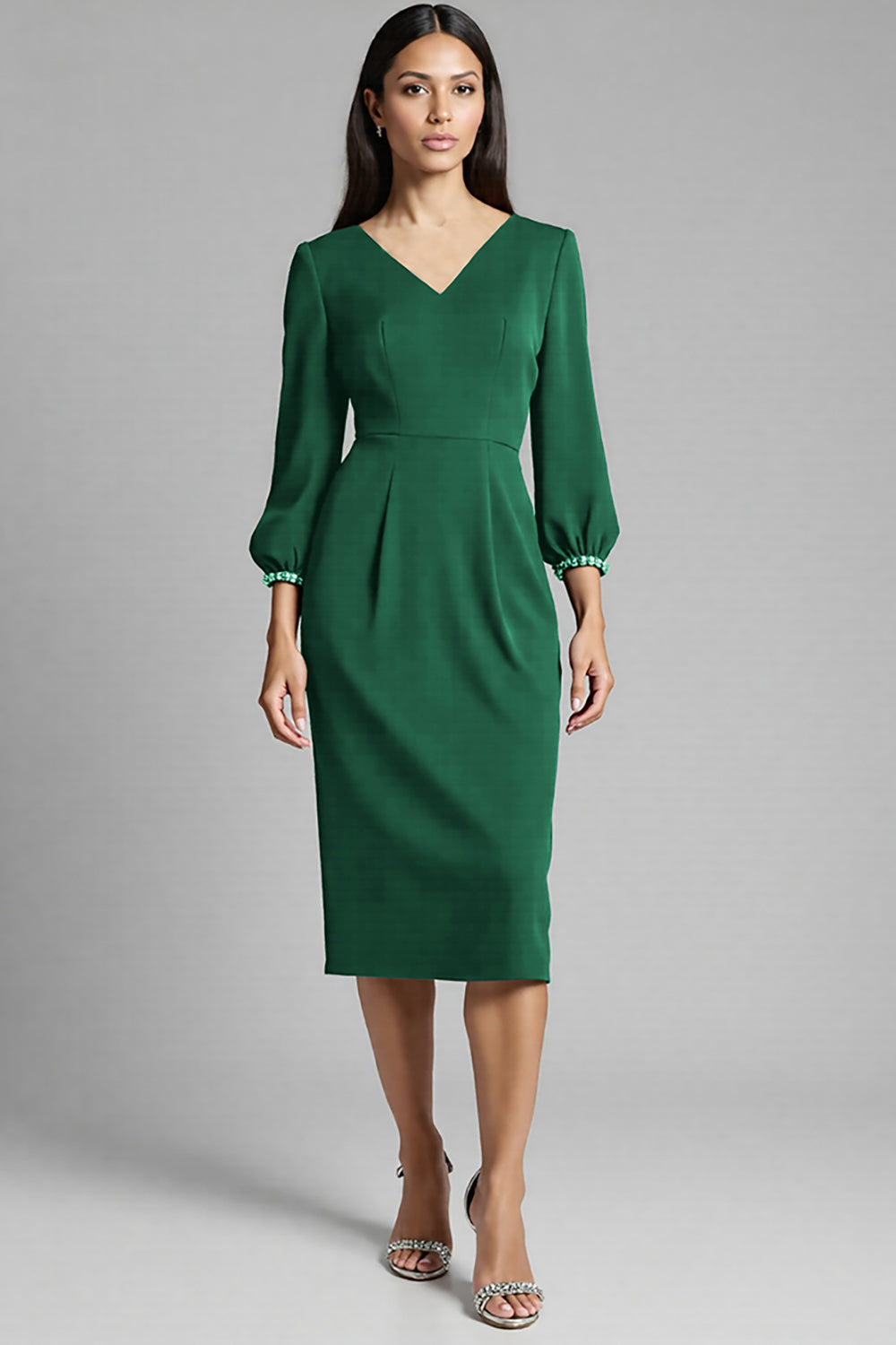 Royal Blue Satin Bodycon Midi V-Neck Work Dress with Sleeves