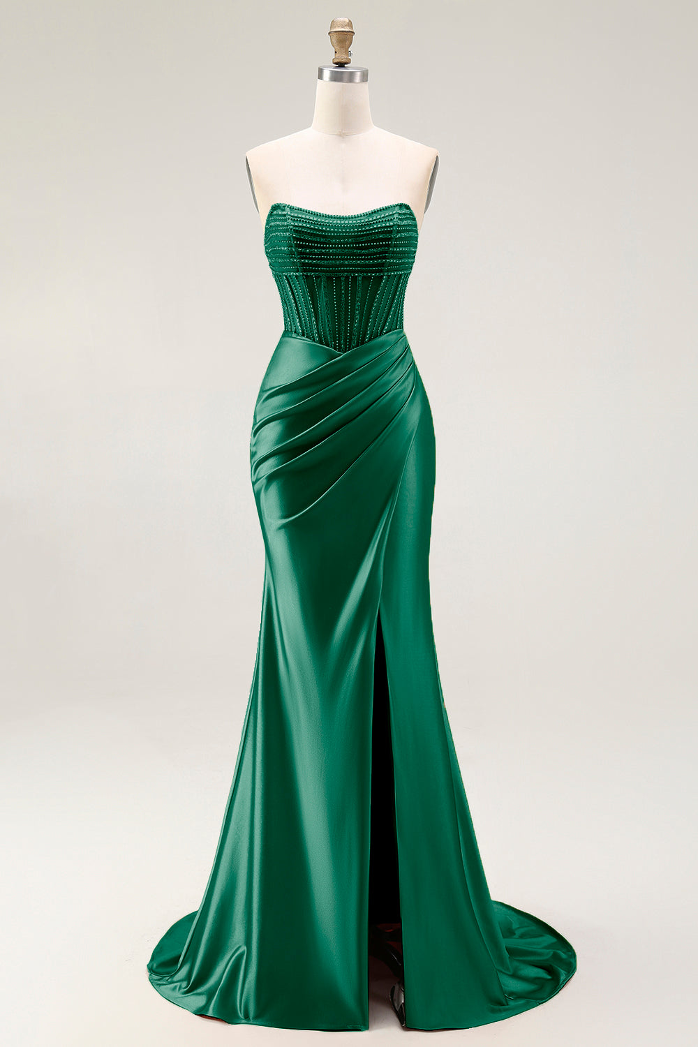 Sparkly Blush Mermaid Strapless Ruched Long Prom Dress with Slit