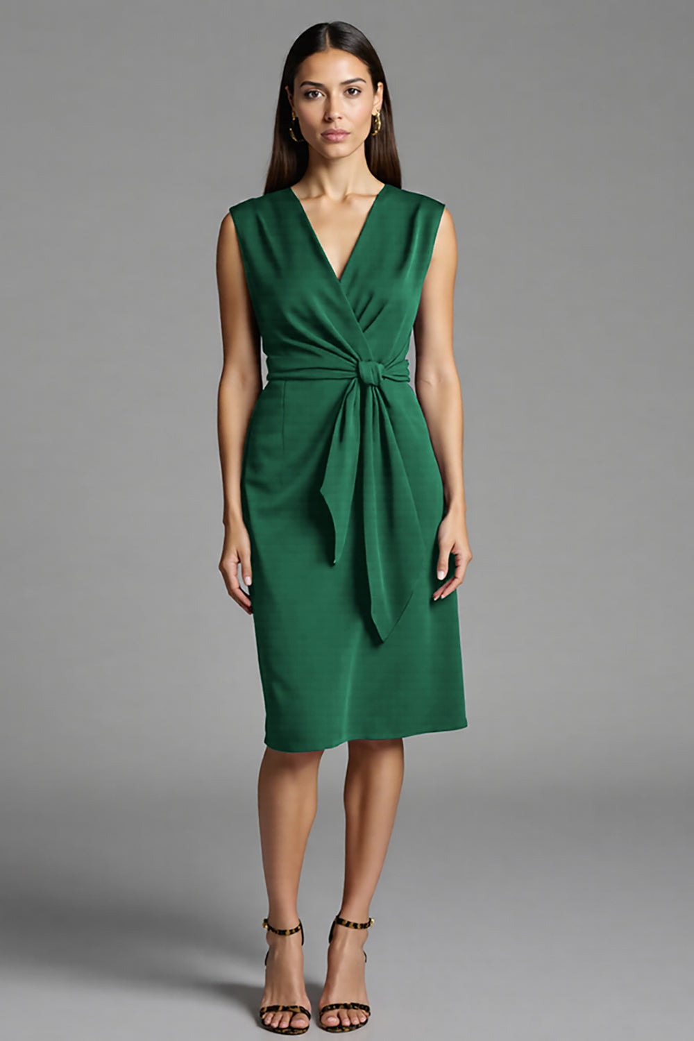 Navy Bodycon Satin V-Neck Ruched Midi Work Dress with Ruffles