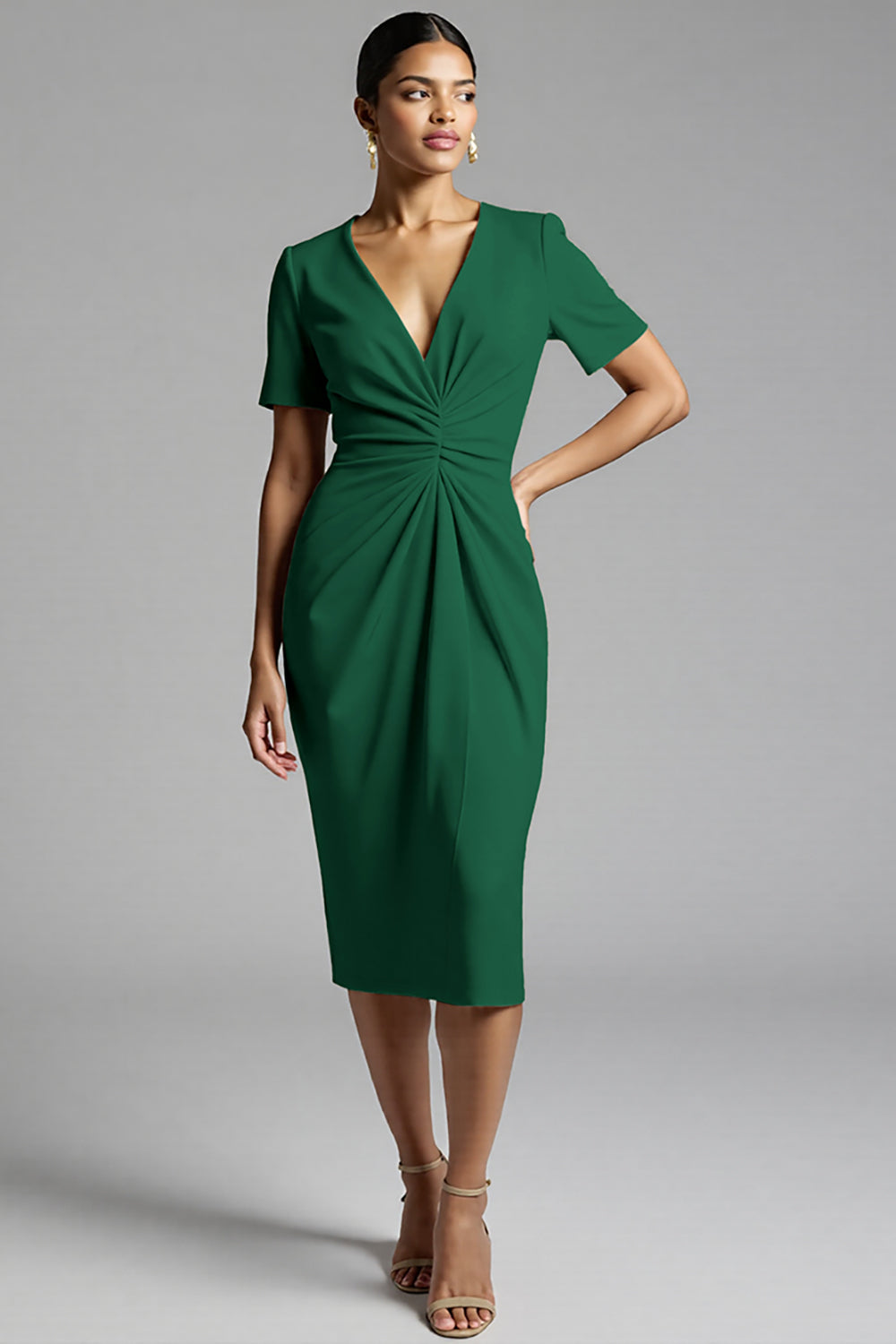 Champagne Bodycon V-Neck Midi Satin Work Dress with Short Sleeves