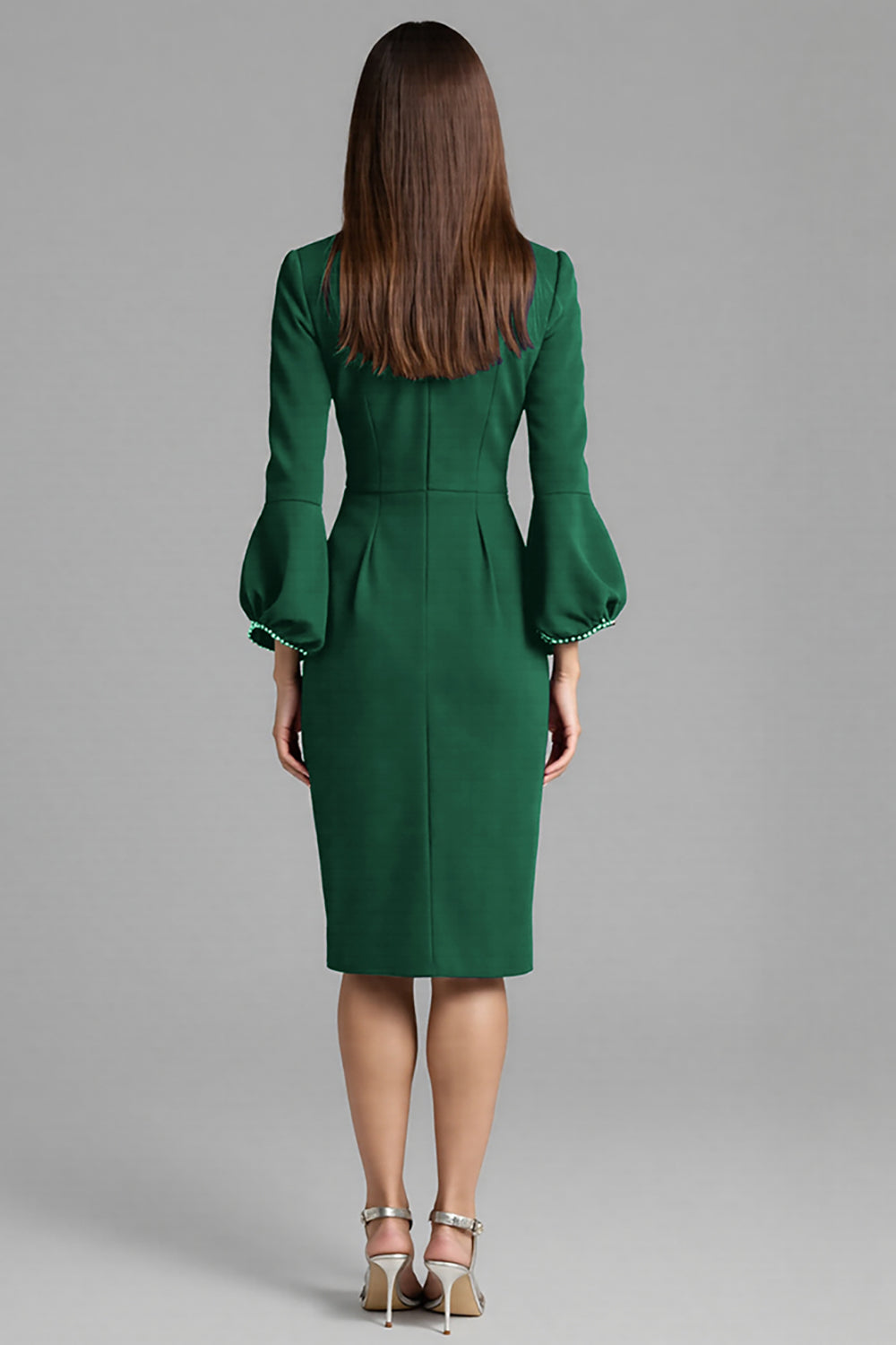 Navy Satin Bodycon Midi Bateau Neck Work Dress with Long Sleeves