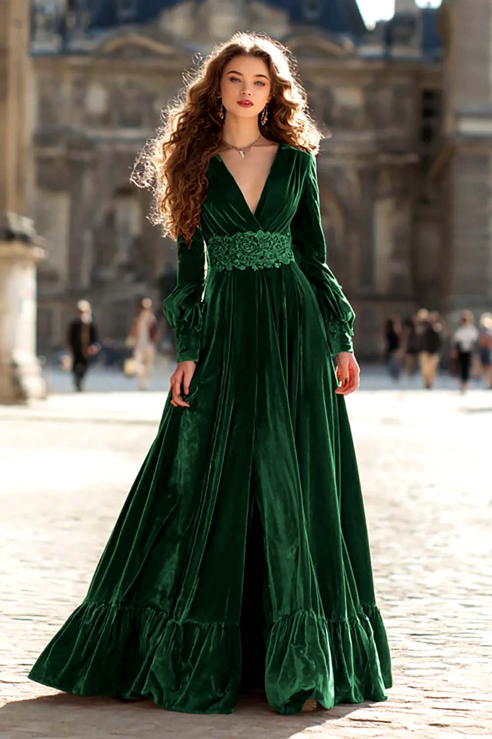 Brown Velvet A Line V-Neck Long Sleeves Formal Dress with Ruffles