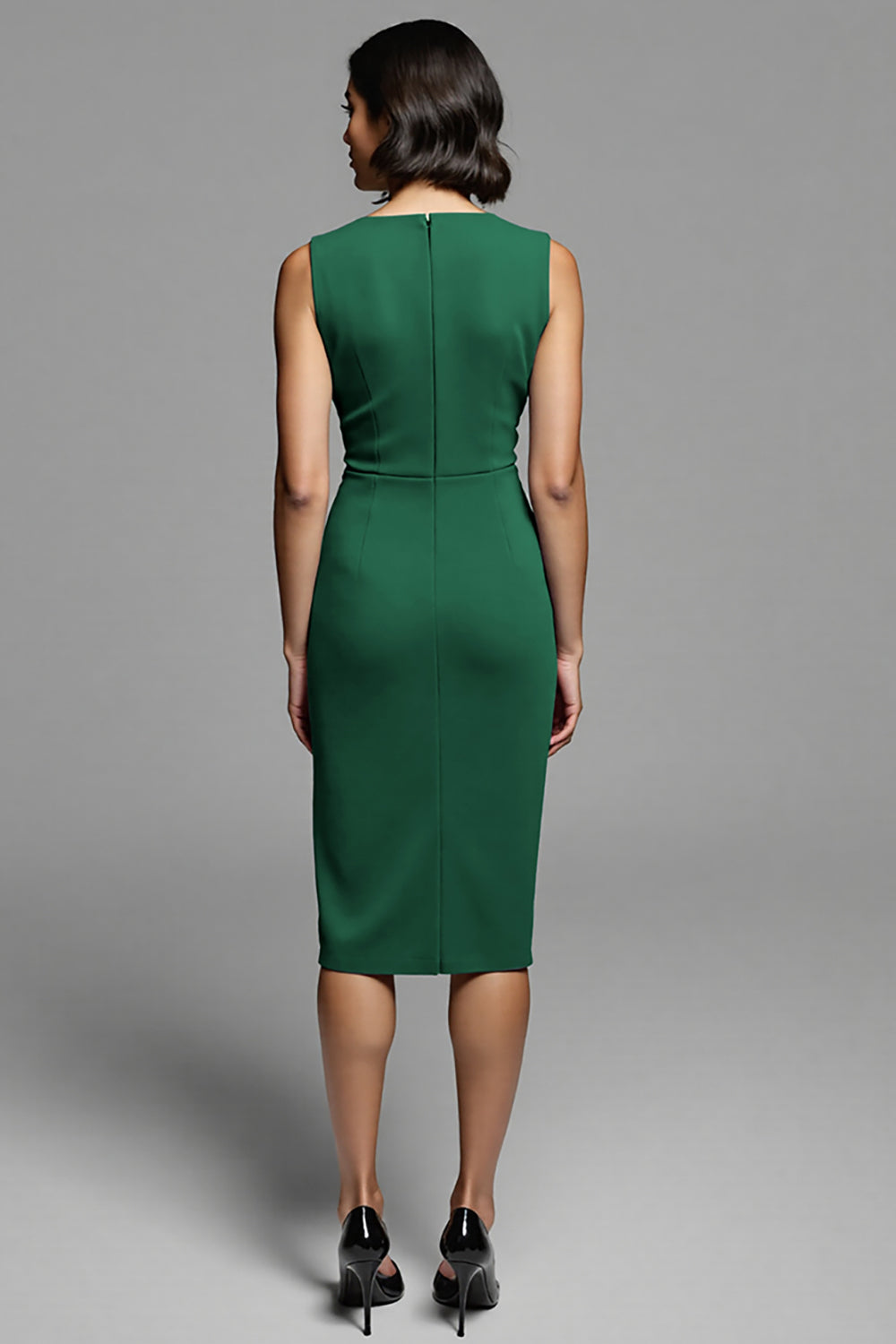 Grey Bodycon Satin Crew Neck Midi Ruched Work Dress with Slit