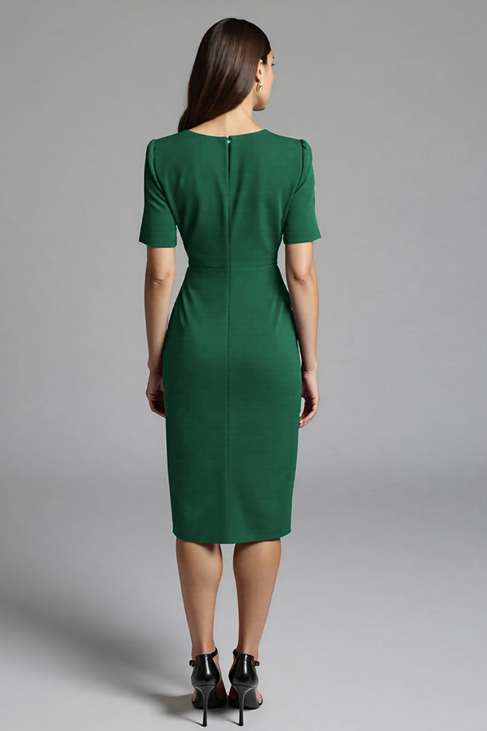 Royal Blue Bodycon V-Neck Midi Satin Work Dress with Short Sleeves