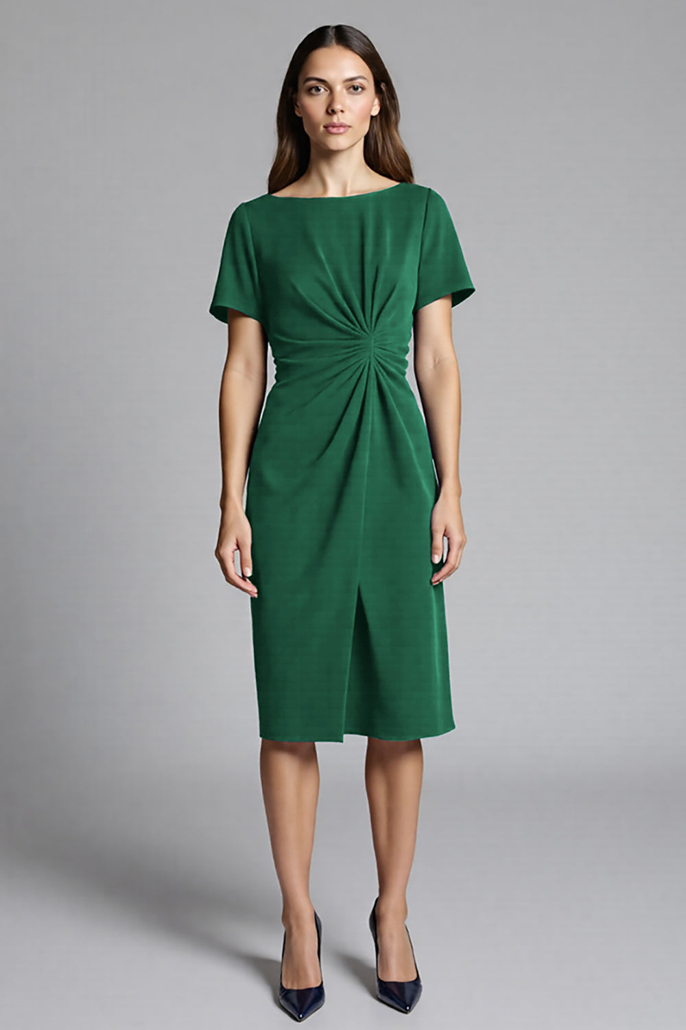 Royal Blue Bateau Neck Bodycon Ruched Midi Satin Work Dress with Sleeves