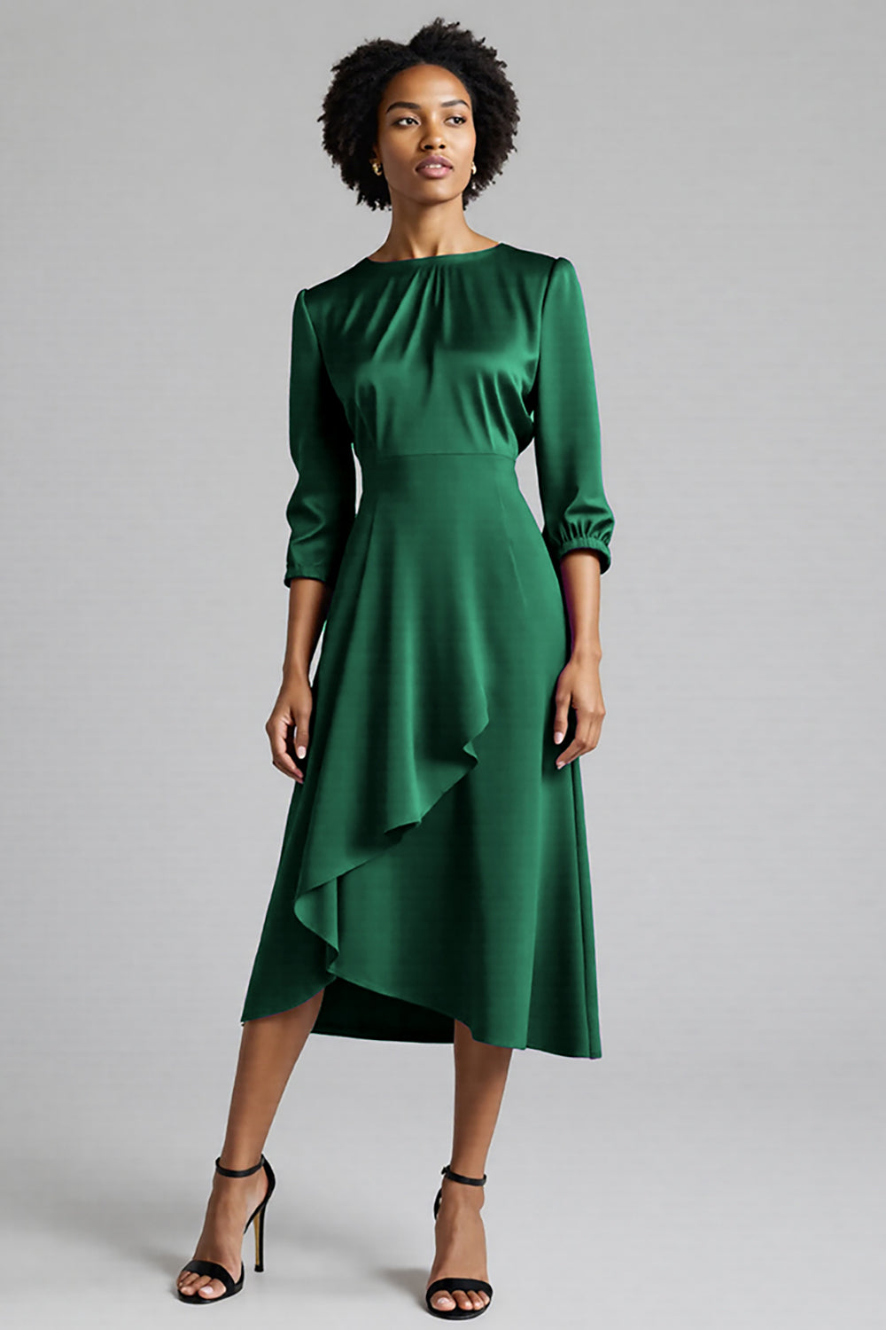 Royal Blue Satin Midi A Line Work Dress with Sleeves