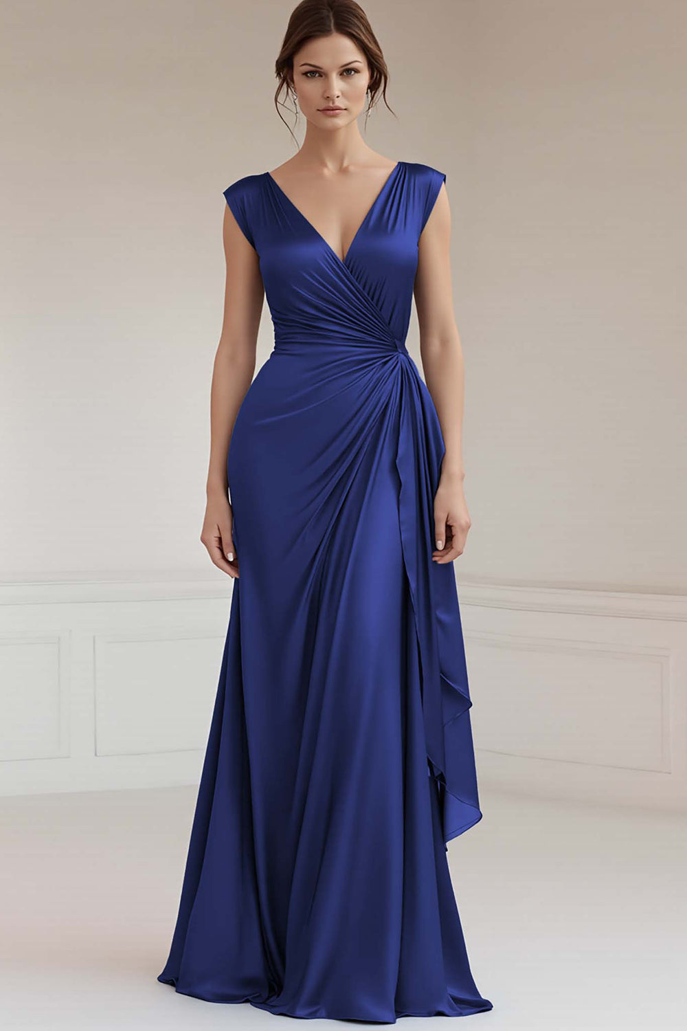 Grey Blue V-Neck Sheath Long Ruched Formal Dress with Ruffles
