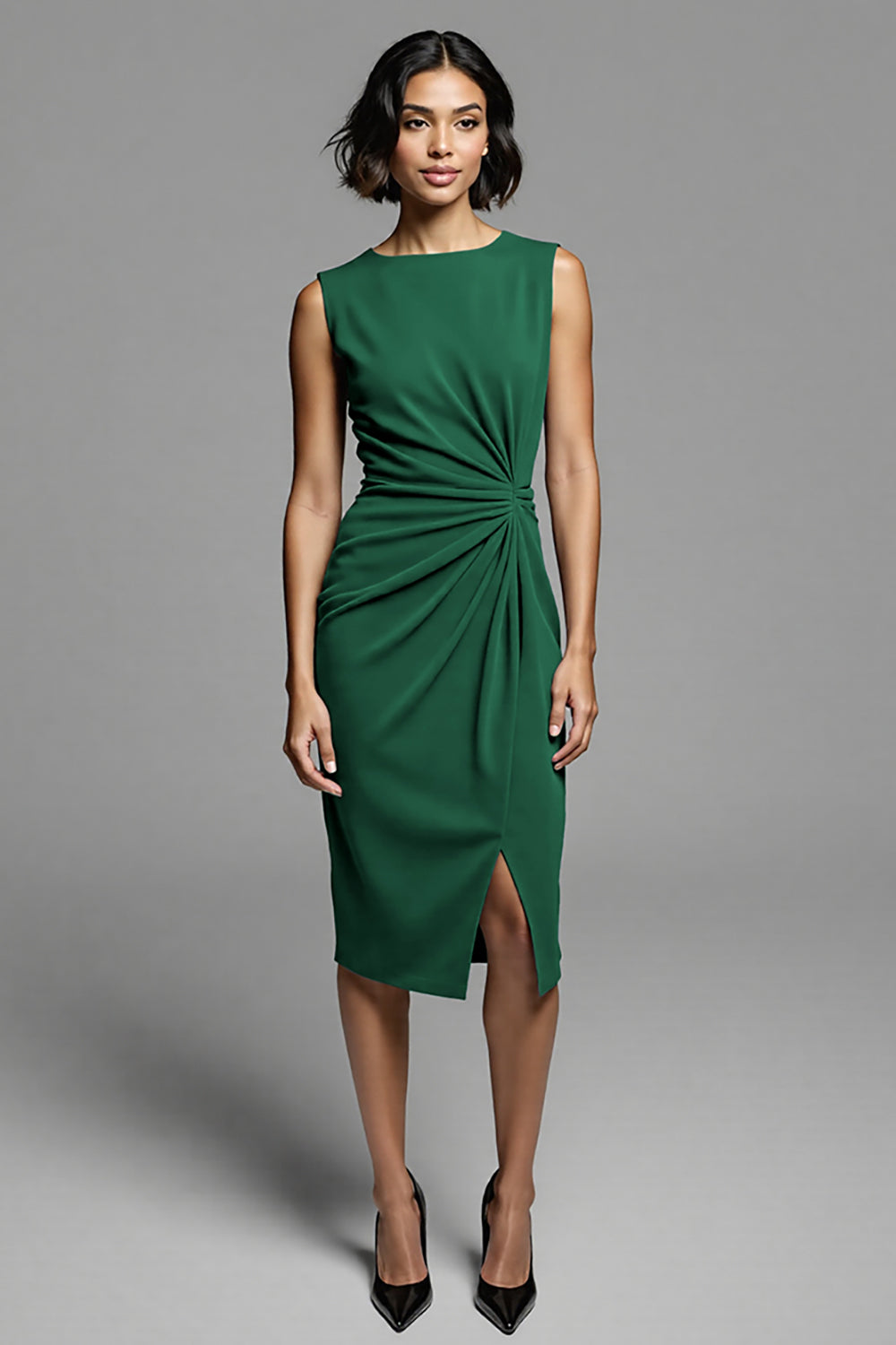 Royal Blue Satin Bodycon Midi Ruched Work Dress with Slit