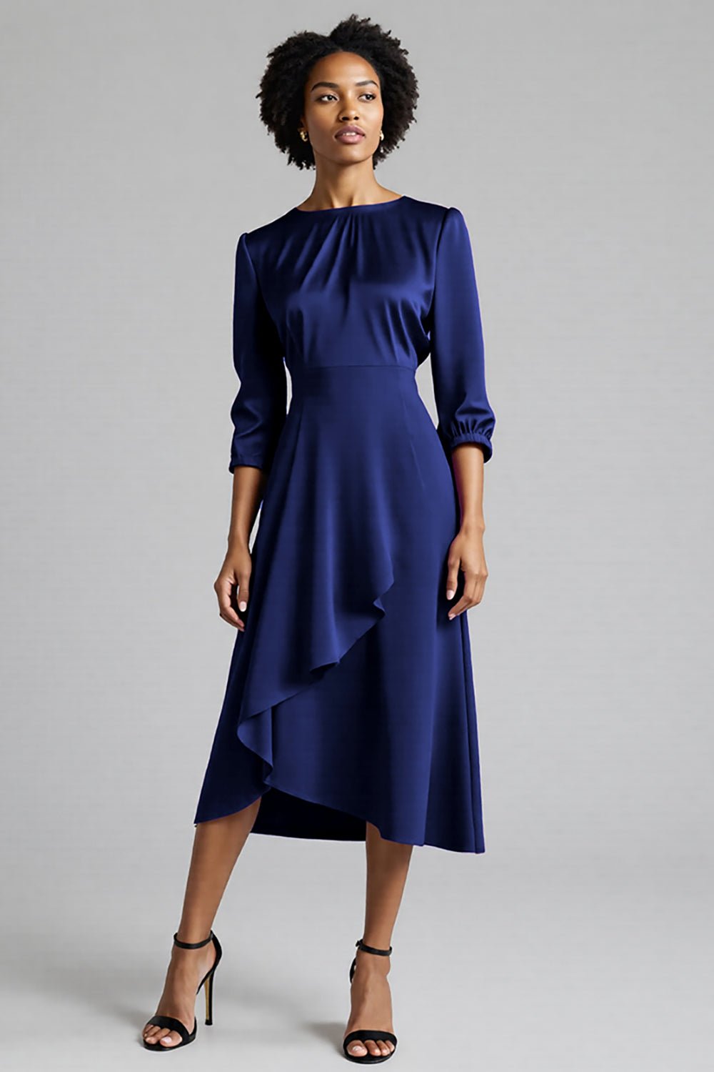 Plum Satin A Line Midi Ruched Work Dress with Half Sleeves