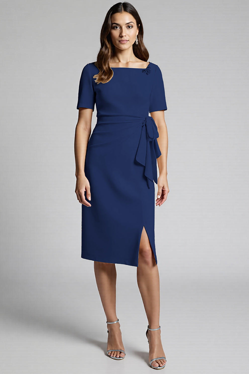 Champagne Bodycon Ruffled Midi Satin Work Dress with Short Sleeves