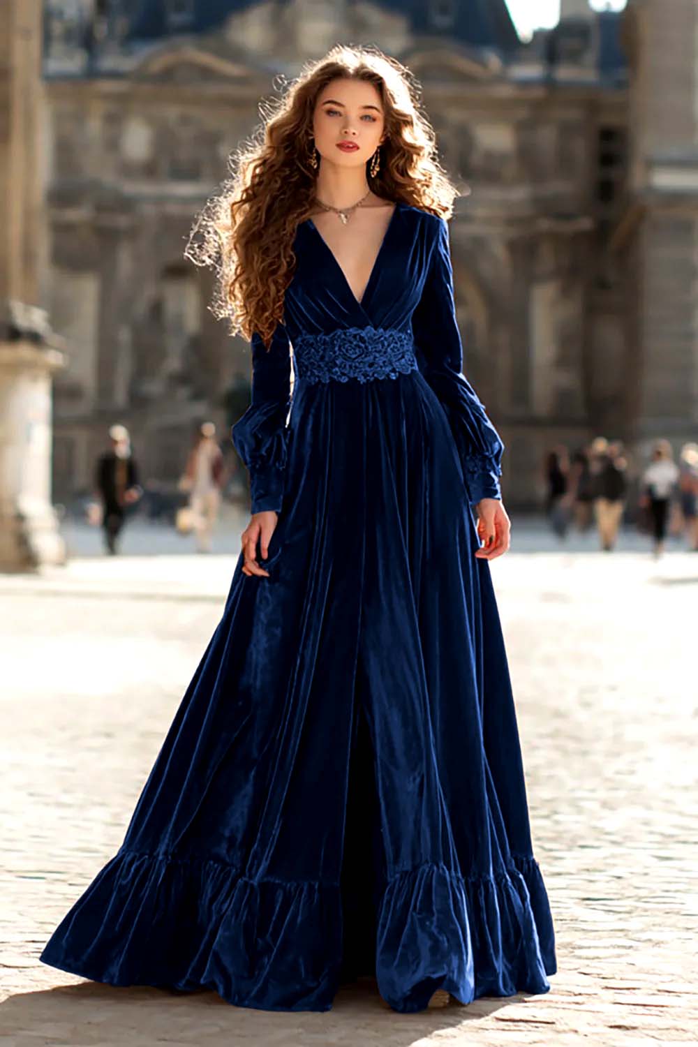 Brown Velvet A Line V-Neck Long Sleeves Formal Dress with Ruffles