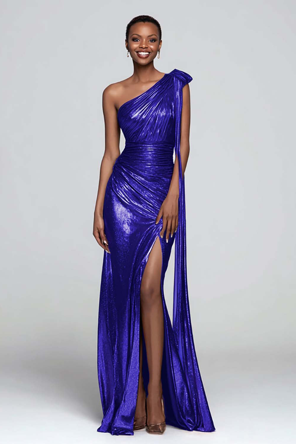 Sparkly Brown One Shoulder Metallic Mermaid Long Formal Dress with Slit