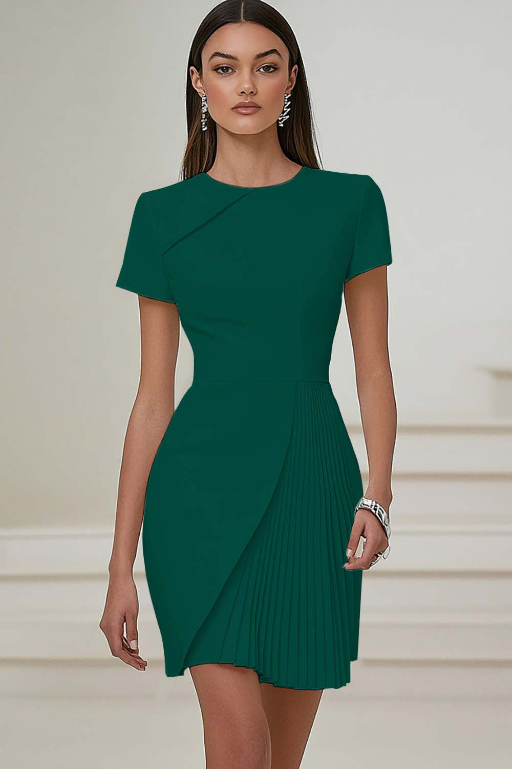 White Bodycon Round Neck Satin Short Sleeve Work Dress