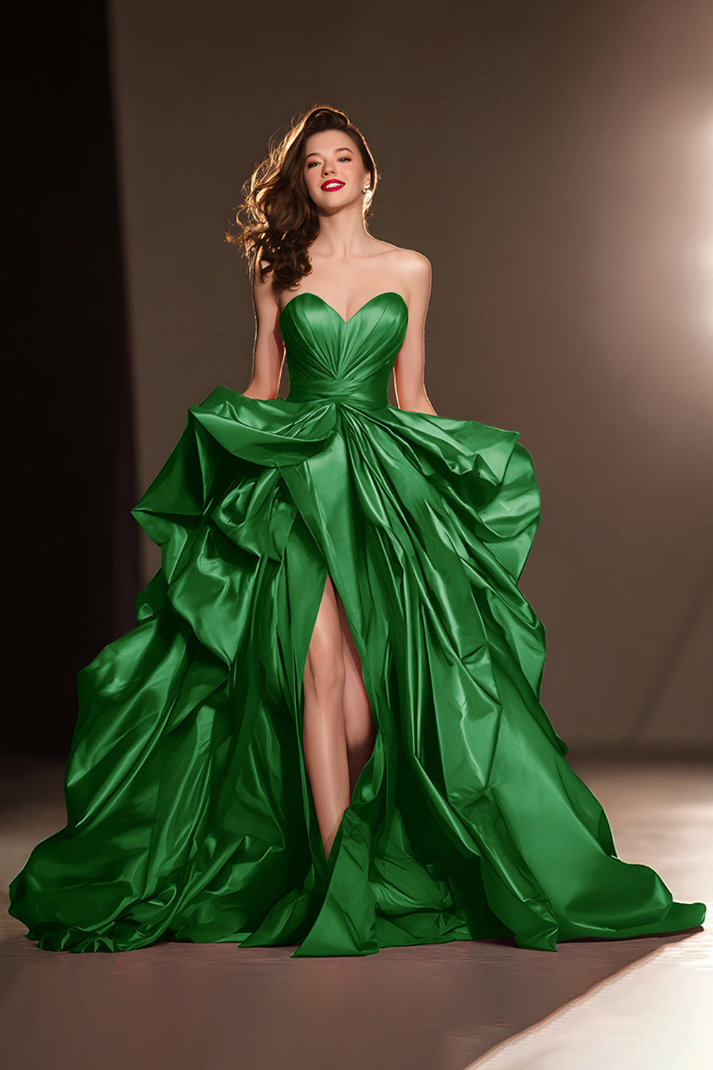 Dark Red Sweetheart Ruffled Ball Gown Long Masquerade Ball Dress with Slit