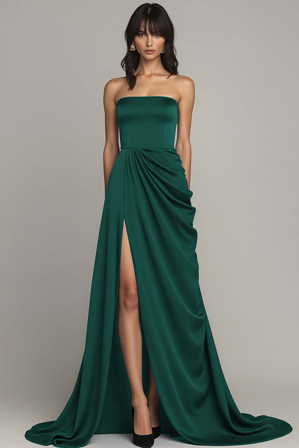 Black Strapless A Line Satin Long Formal Dress with Slit