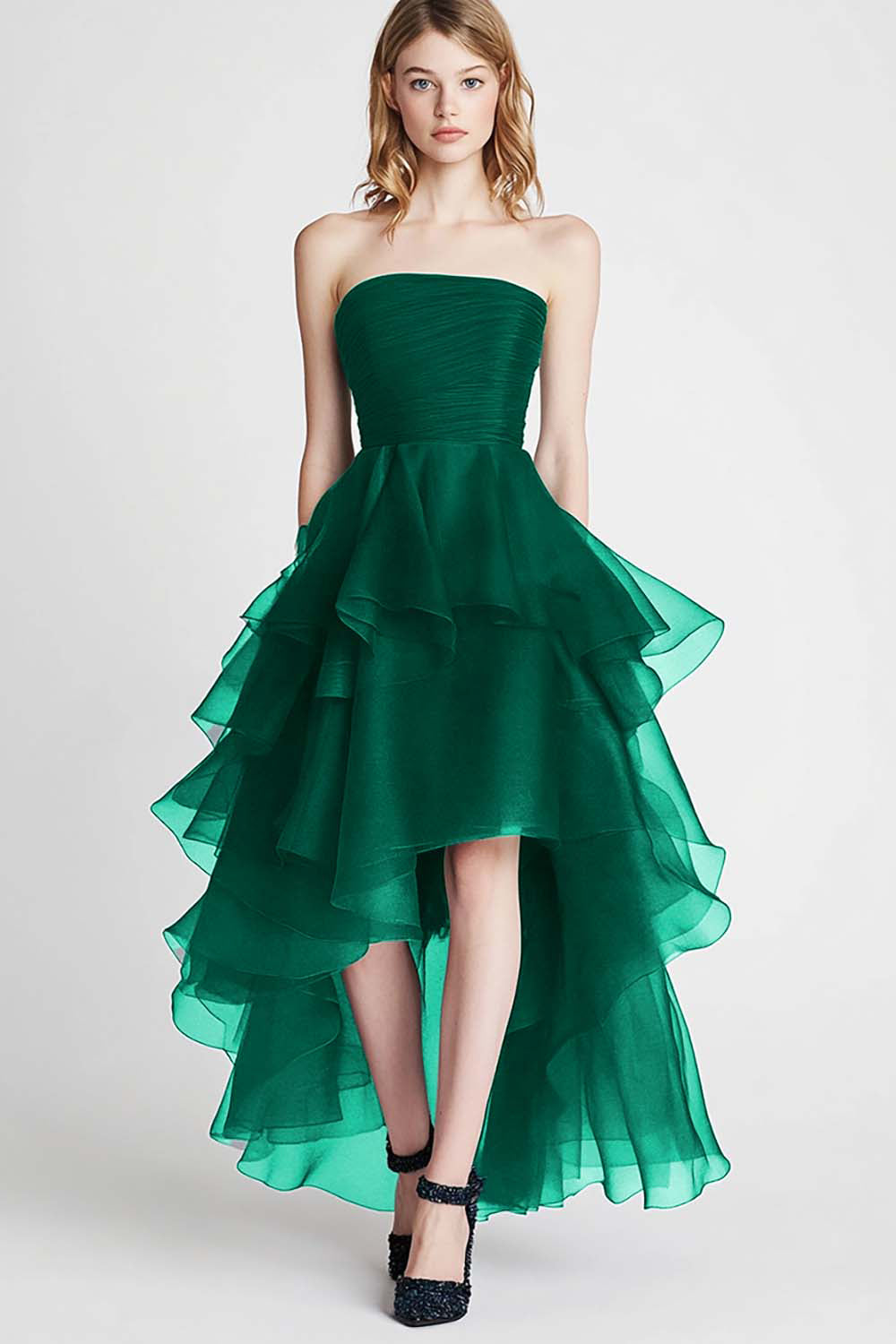 Navy Tulle Tiered Strapless A Line High-Low Formal Dress